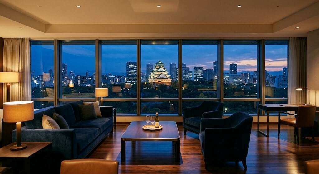 Elegant hotel lounge with dark blue sofas and a wooden coffee table, framed by large windows overlooking a city skyline at dusk and a lit castle-like building outside.