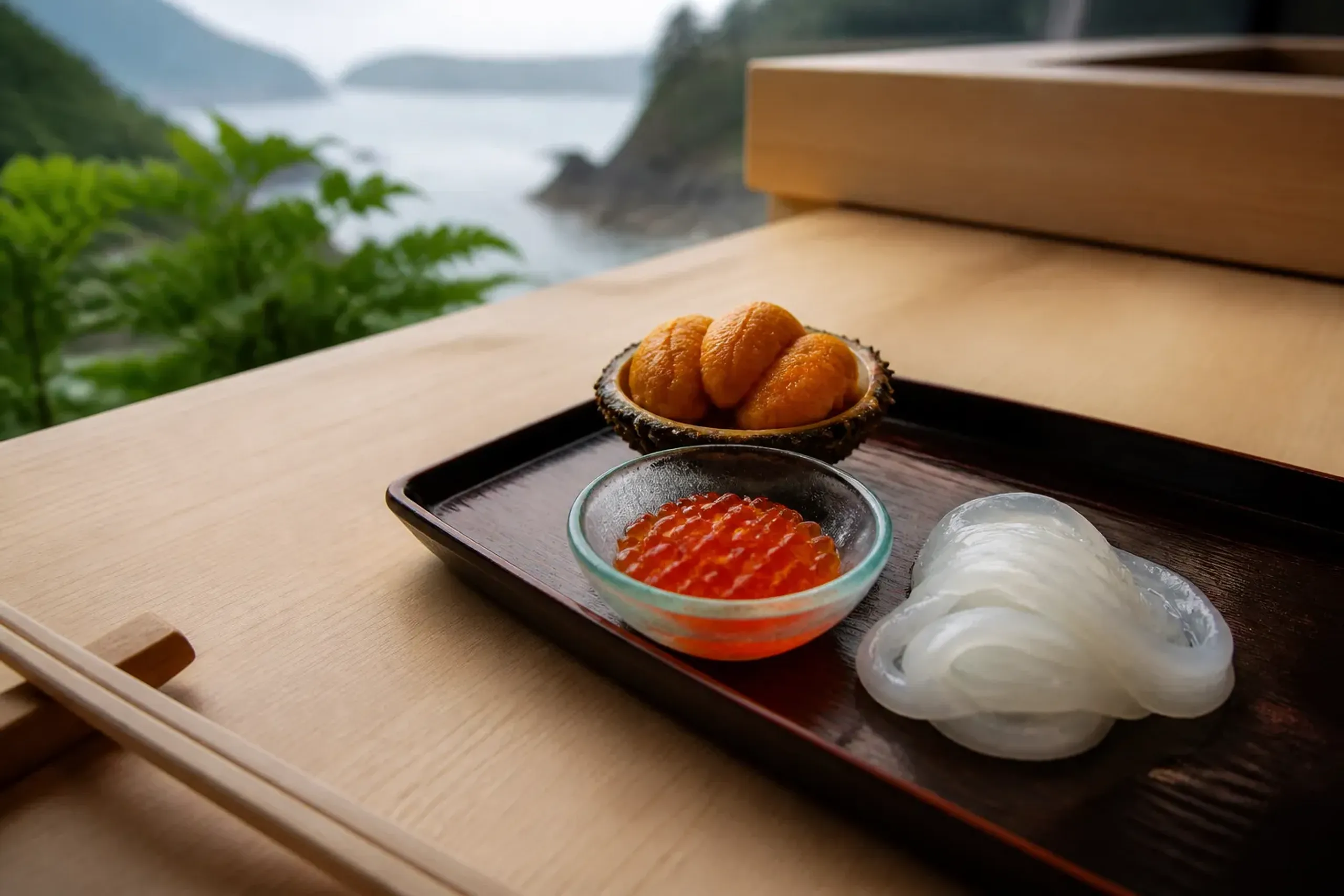 Hokkaido sea urchin, salmon roe and sliced squid served at a quiet Japanese counter