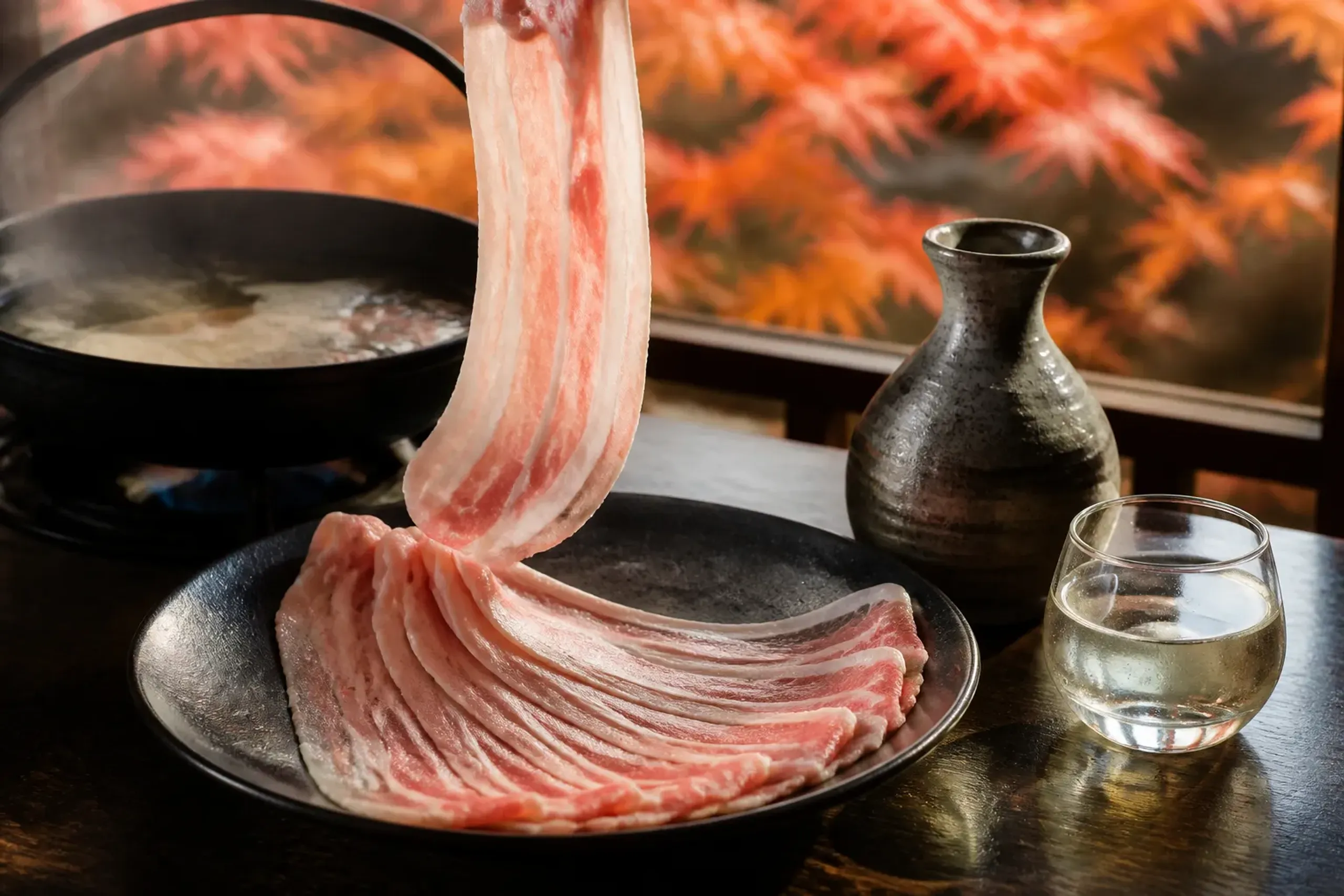 Kagoshima kurobuta black pork shabu-shabu served with imo-jochu sweet-potato shochu