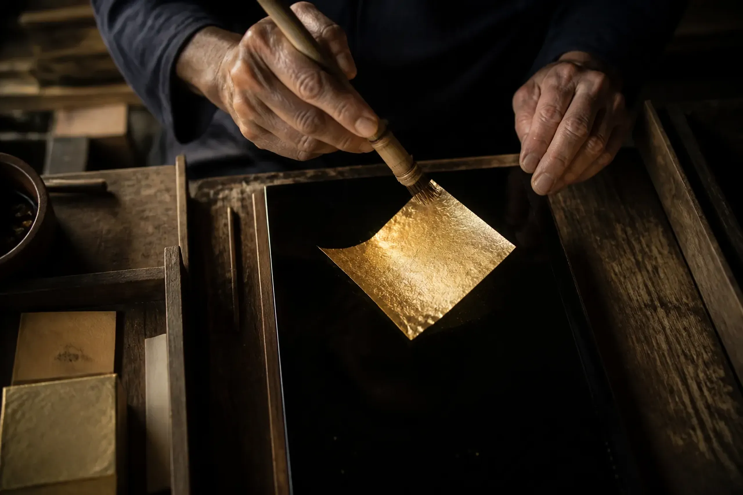 Craftsman applying thin gold leaf to lacquerware in a traditional Kanazawa gold-leaf atelier