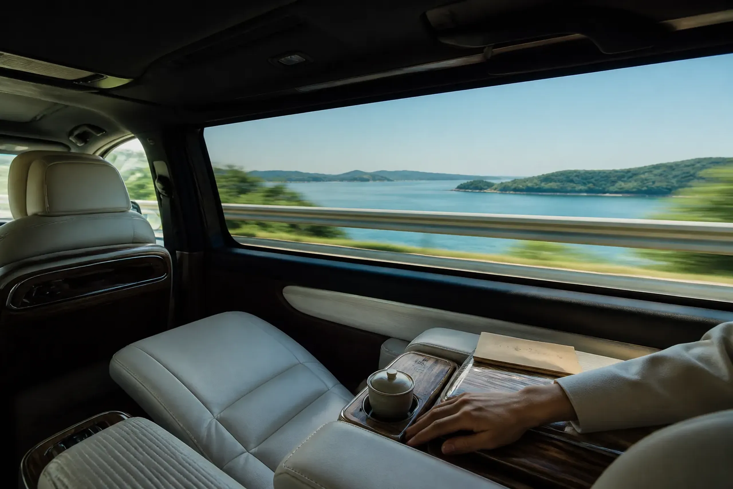 Interior of a Lexus LM 500 luxury minivan cabin on a Japanese coastal expressway