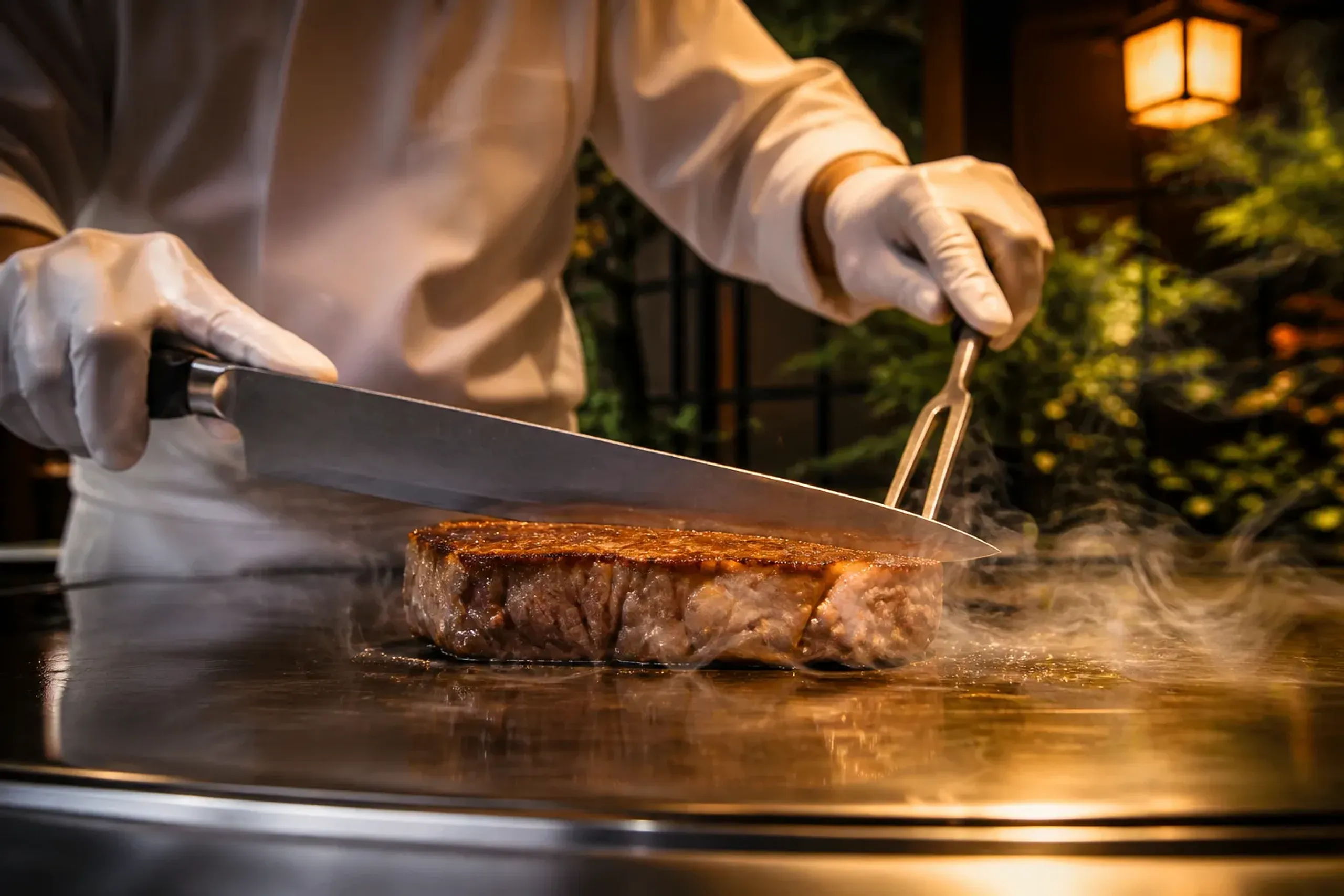 Teppanyaki chef searing marbled Kobe wagyu beef on a hot griddle at a private counter