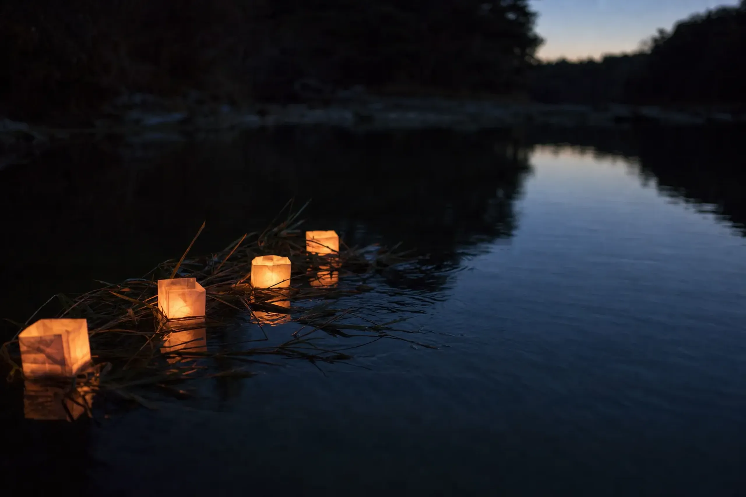 Bamboo grass and paper lanterns of the Neburi Nagashi purification custom floating away on a Tōhoku river at dusk during Tanabata
