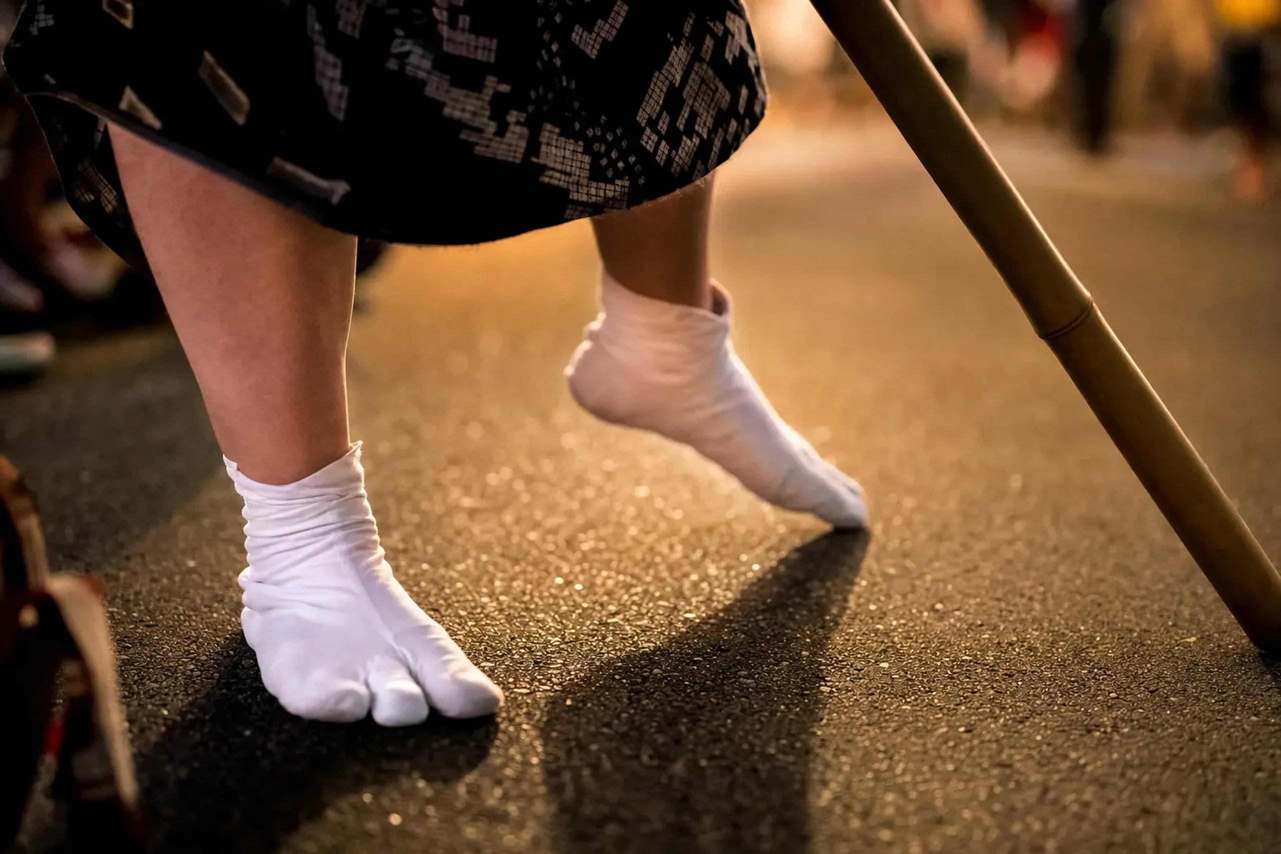 Close-up of a sashite's quick-stepping feet on the asphalt of Kantō Ōdori beneath a leaning lantern pole, showing constant micro-corrections