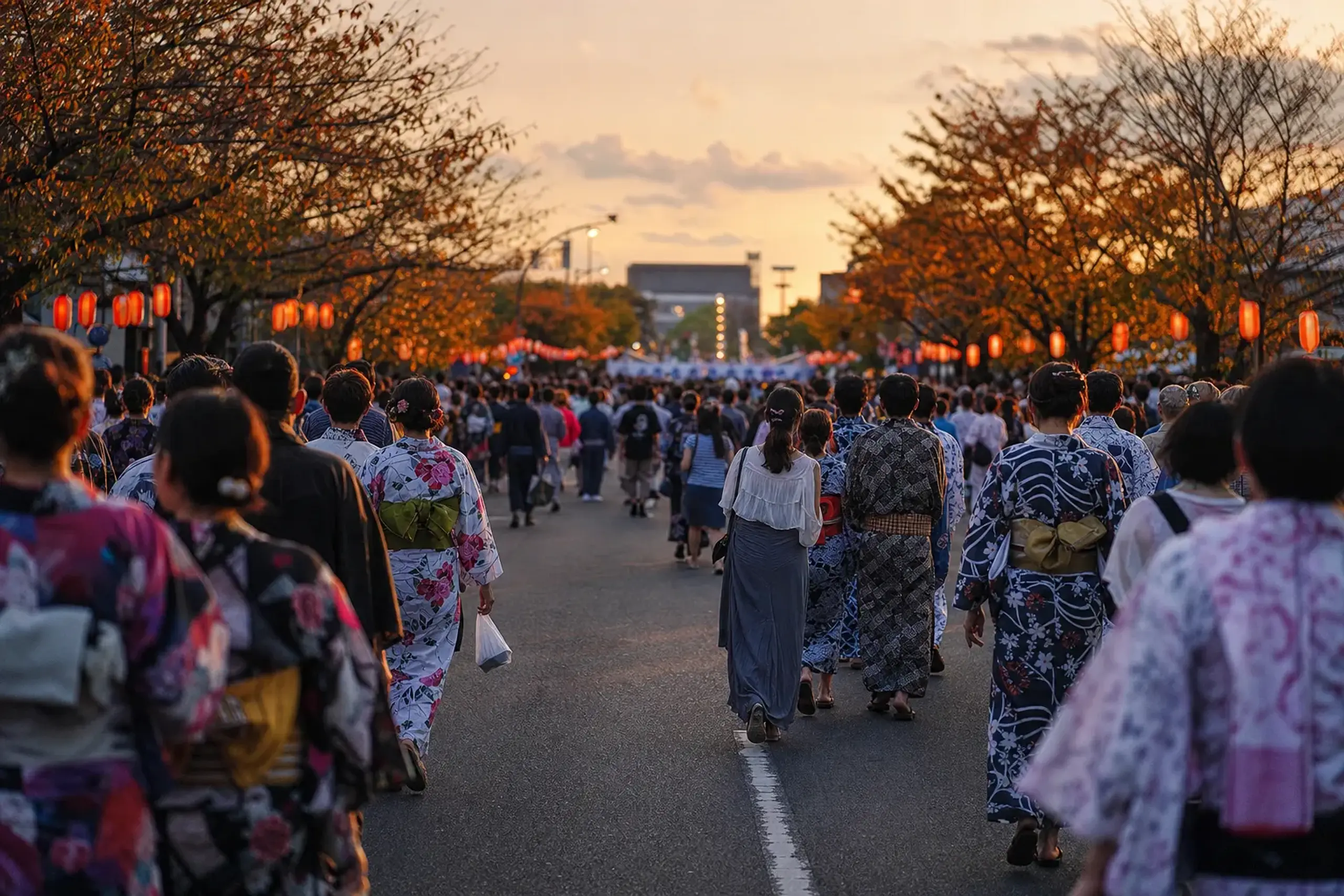 Warm asphalt of Kantō Ōdori packed shoulder-to-shoulder with summer festival crowds under humid early-August evening haze