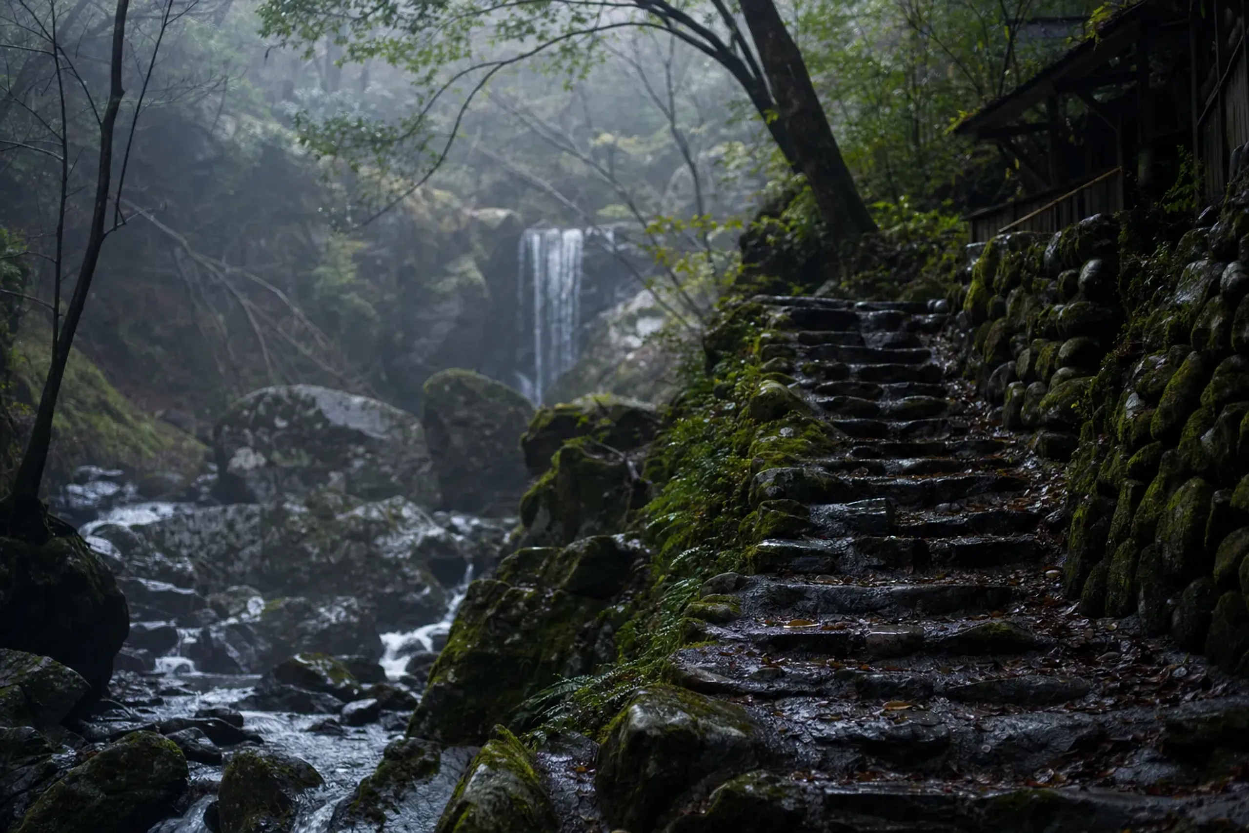 Weathered piled stone walls and mossy stone steps winding through the wooded valley of Aman Kyoto, with natural spring water flowing over rocks toward a waterfall