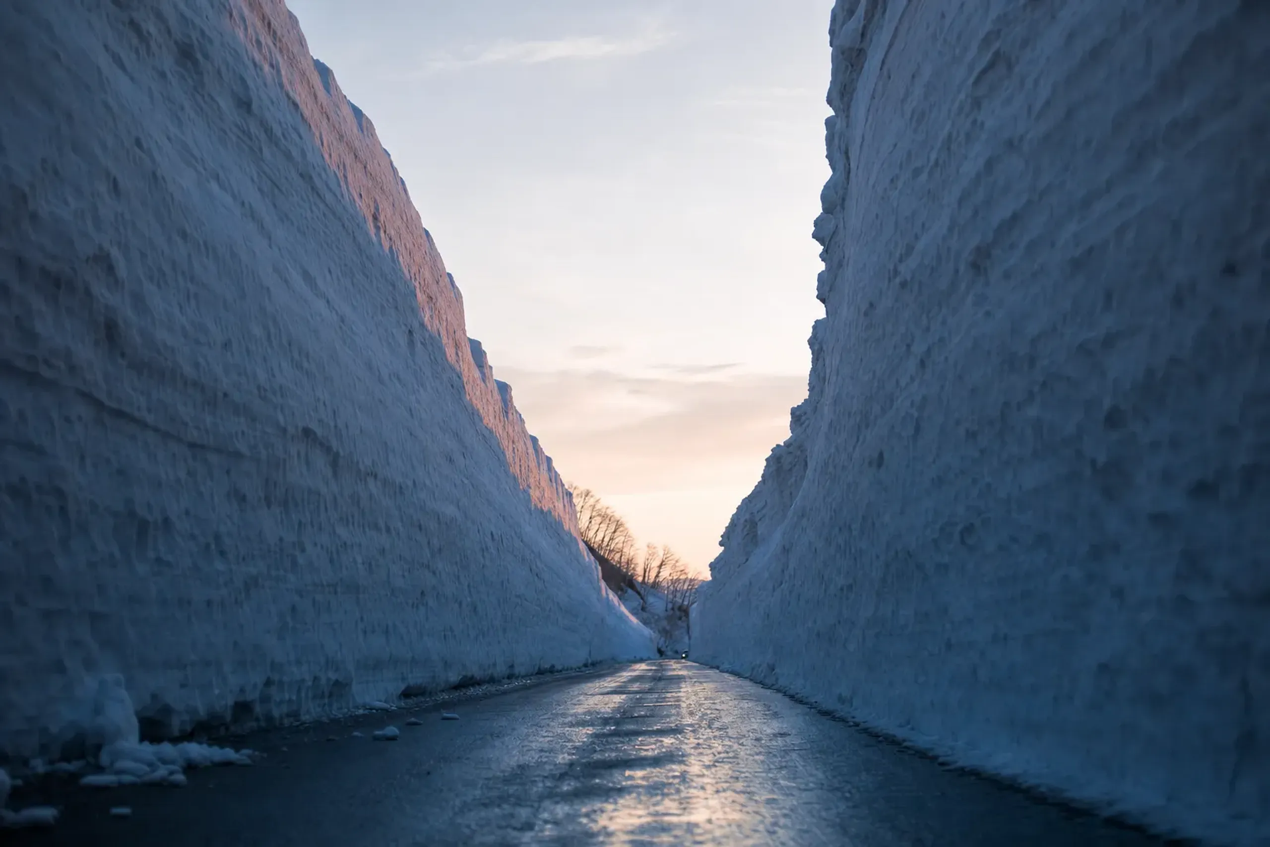 The 8-kilometer snow corridor stretch of National Route 103 near Sukayu, with 7-meter vertical packed-snow walls flanking a single ribbon of asphalt under early-April light