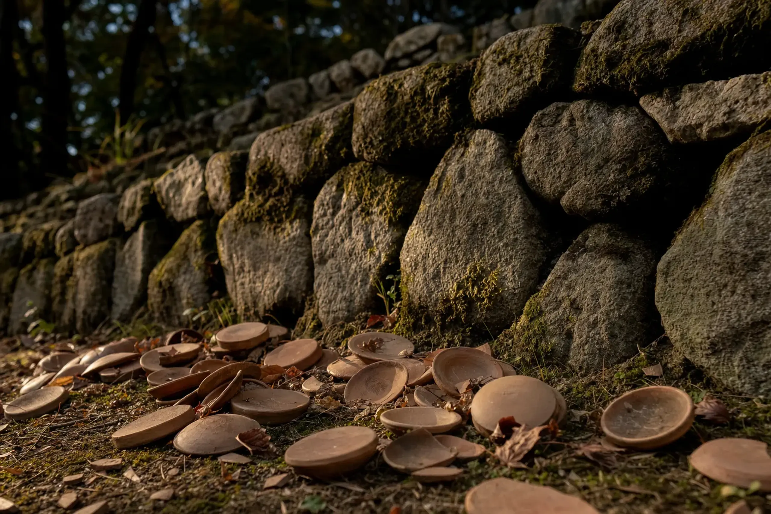 unglazed clay saucers scattered against the iwasaka rock barrier near the Motomiya for the Ame no Hirakanage ritual
