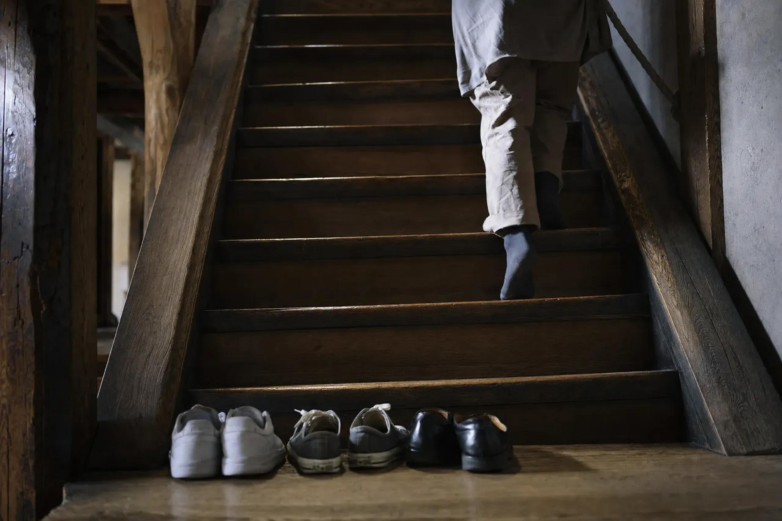 The same rule applies here: steep original stairs, shoes off
