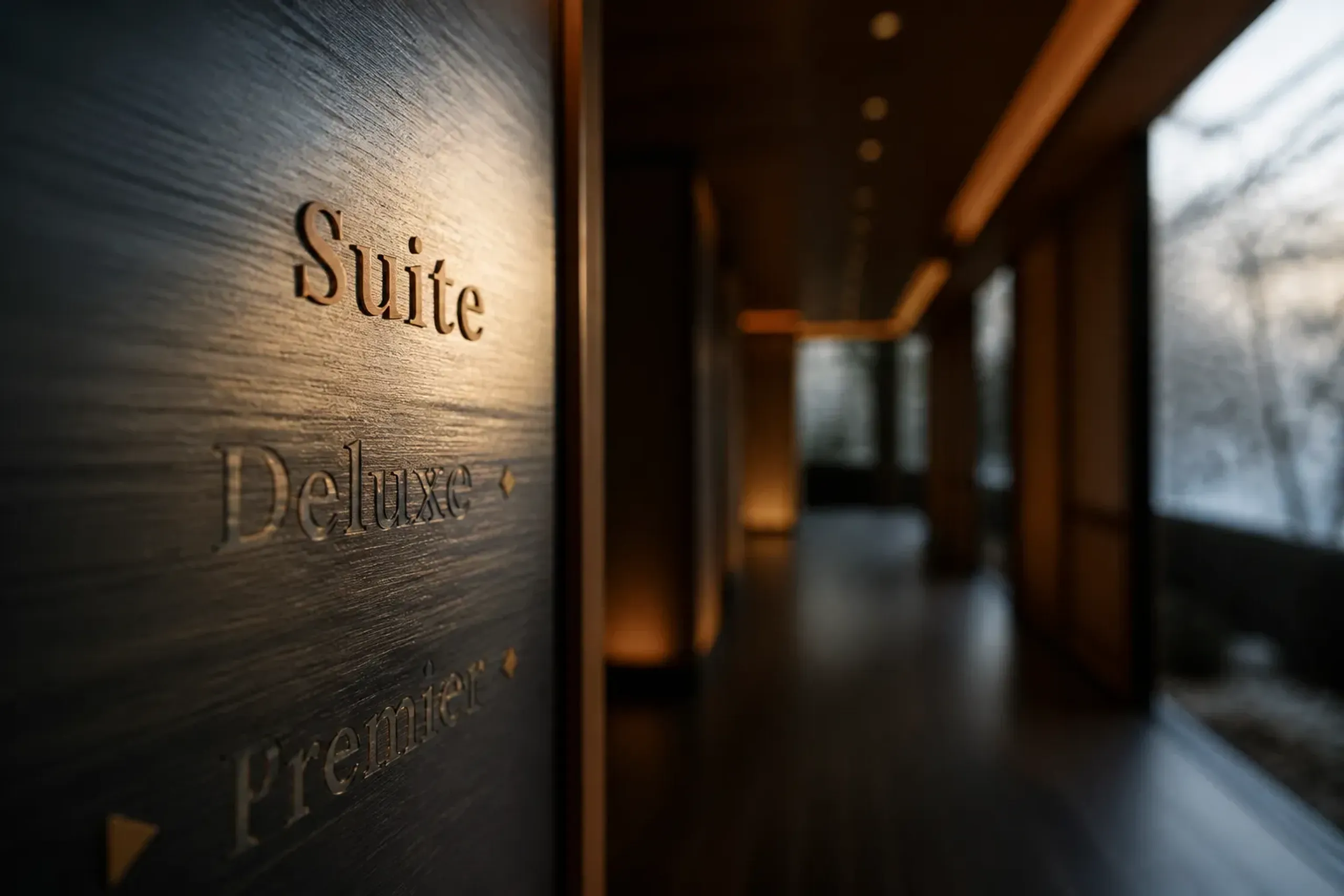 Hotel corridor sign showing different room category names in Japan