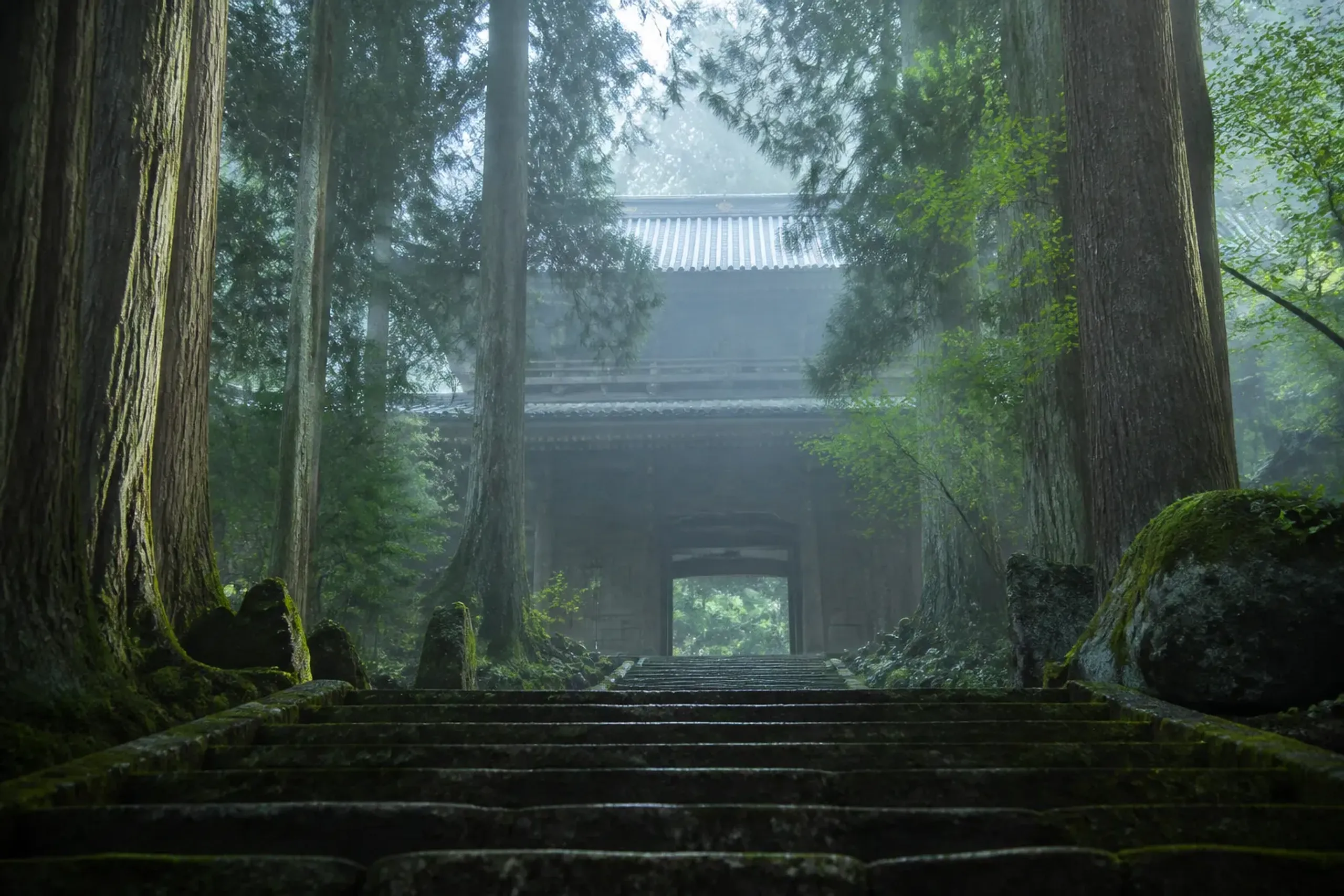 Stone steps and wooden buildings at Eiheiji Temple surrounded by tall trees in Fukui
