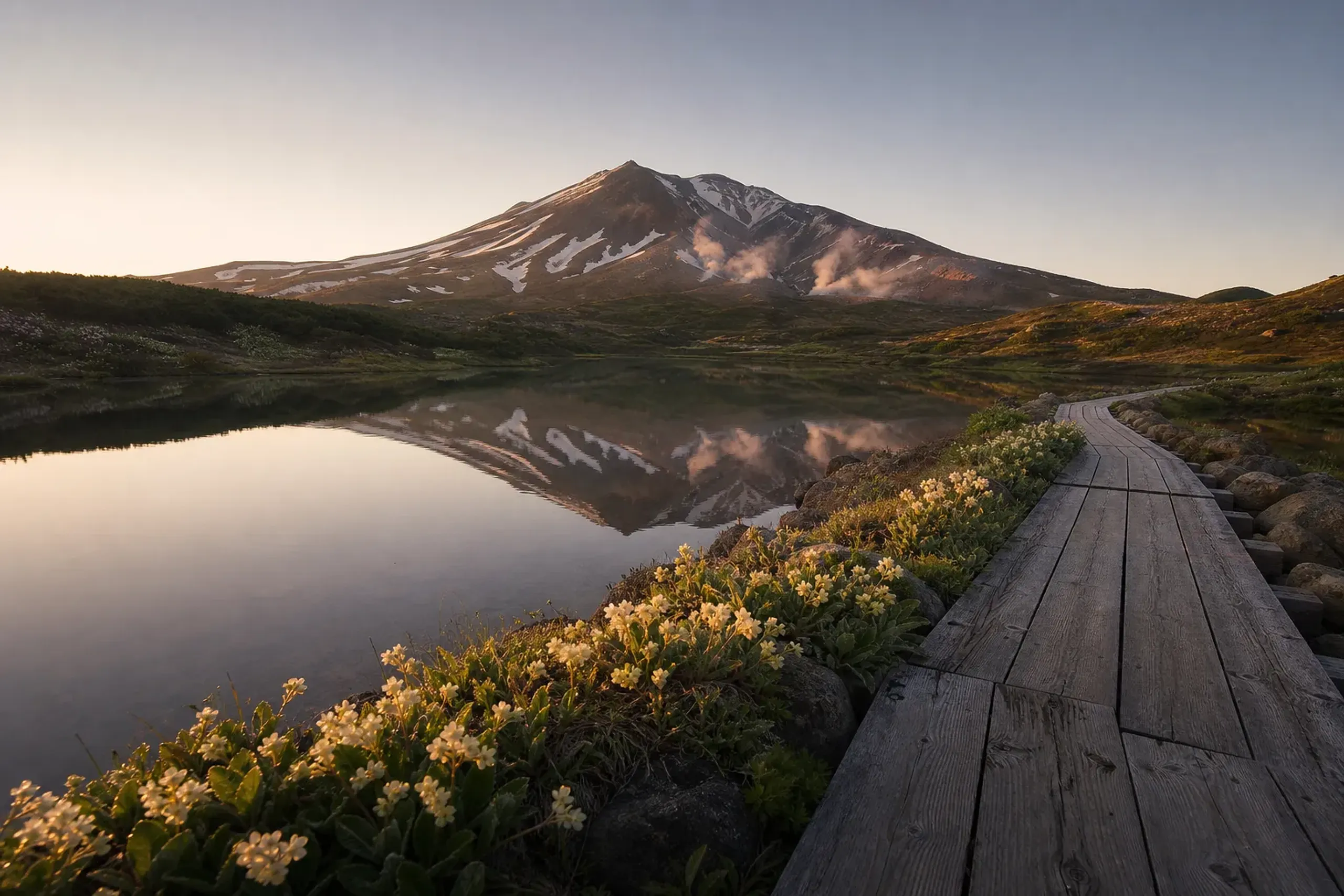 Boardwalk trail past Sugatami Pond beneath Asahidake in Daisetsuzan