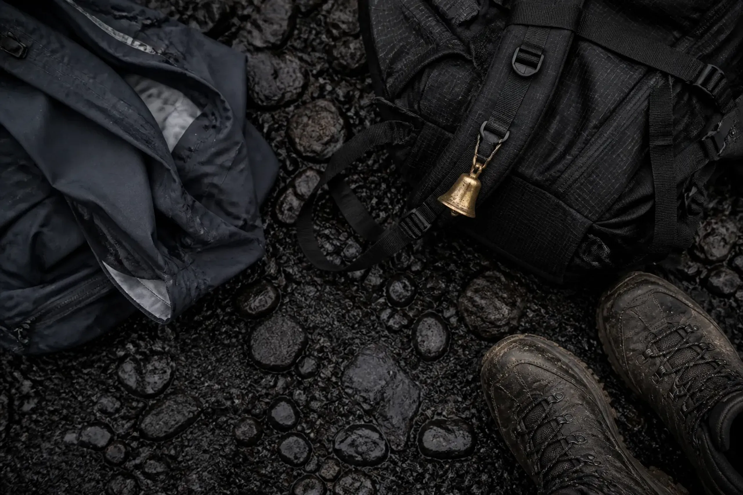A brass bear bell clipped to the shoulder strap of a weatherproof hiking pack, resting on volcanic scree, with a folded waterproof shell jacket and ankle-supporting hiking boots arranged beside it