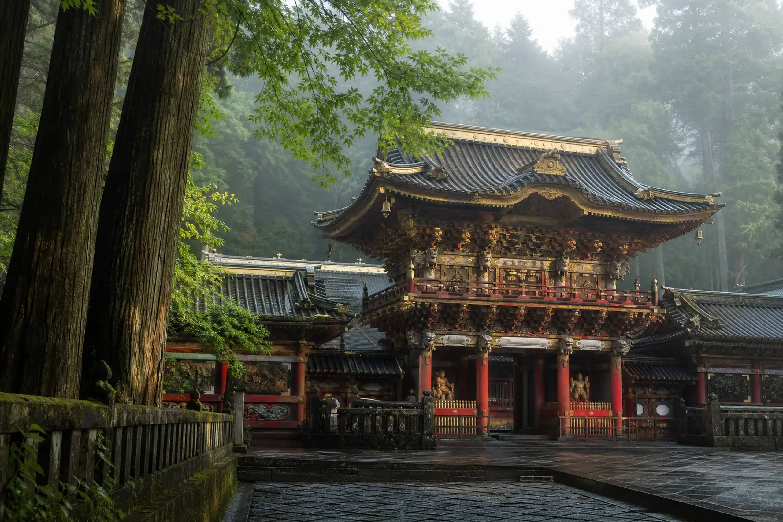 Ornate historic shrine gate at Nikko framed by tall cedar trees and mountain mist