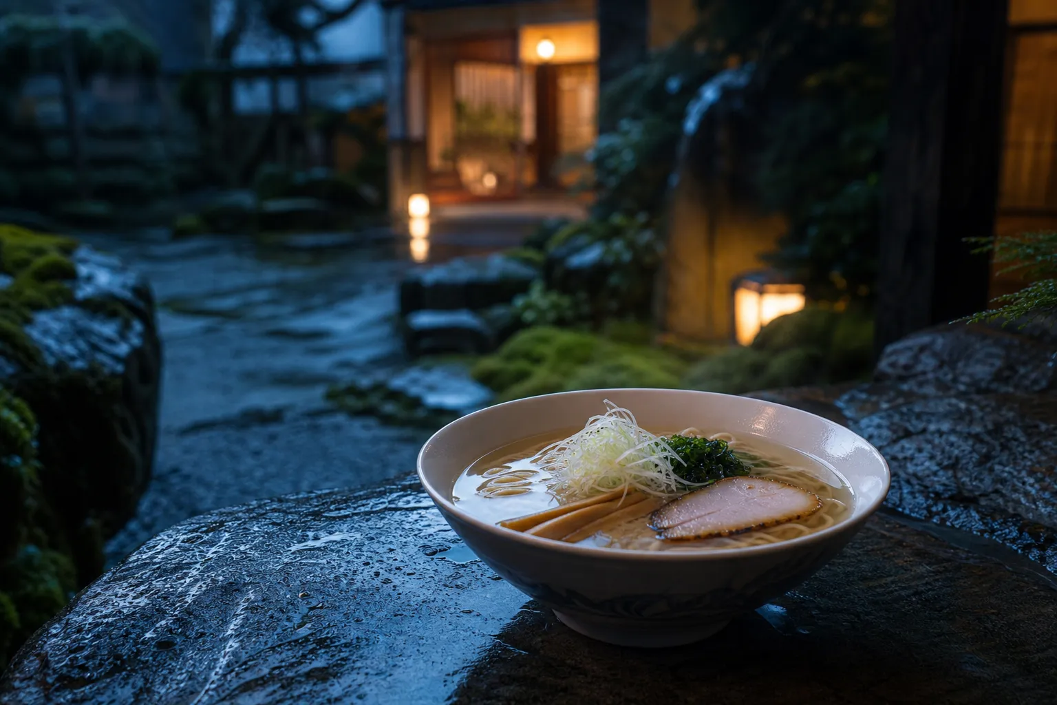 A clear kombu-dashi ramen bowl on the counter at Kombu to Men Kiichi, pale broth of blended Rishiri, Rausu and Makombu kelp with noodles