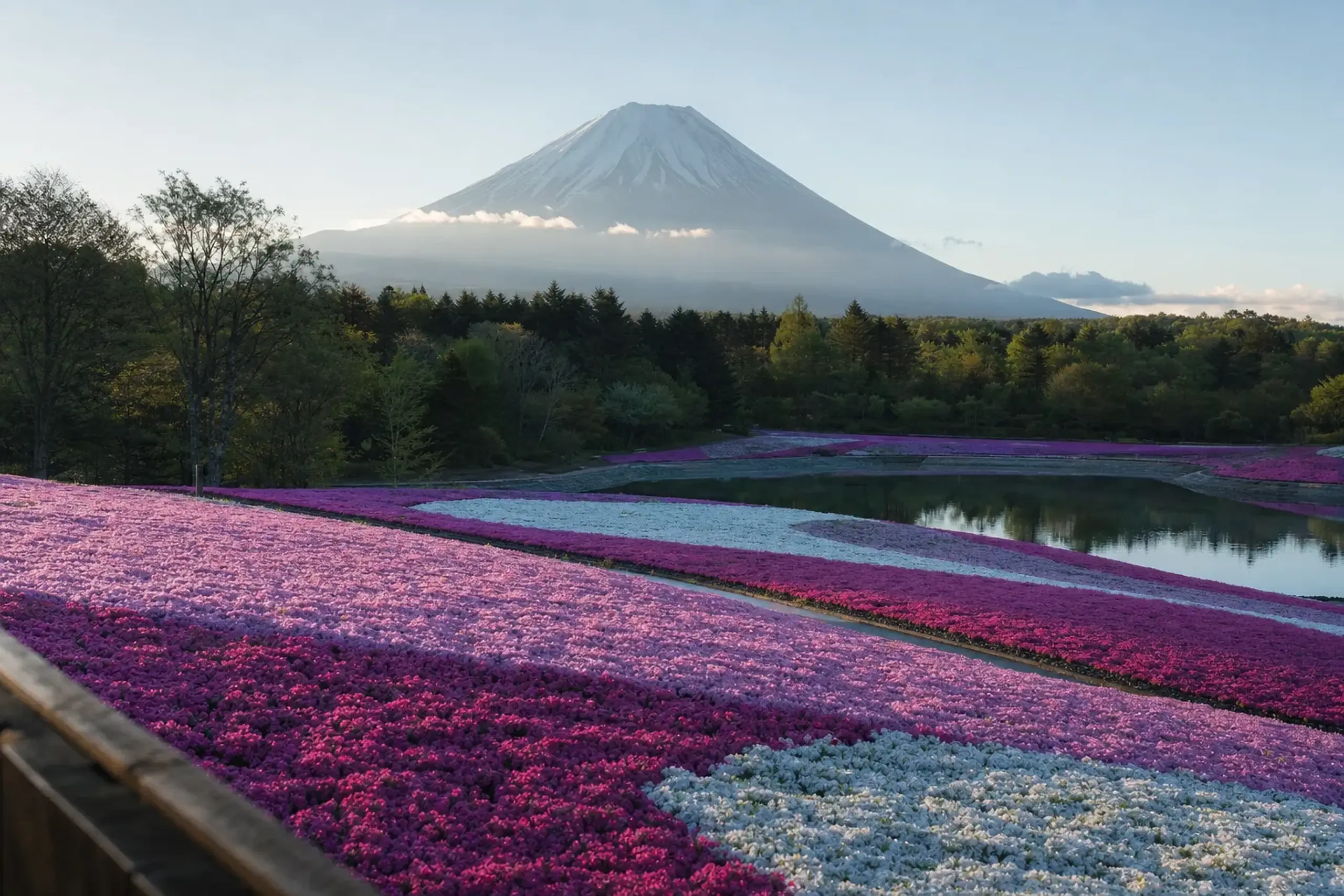 The elevated viewing path above the shibazakura slope where colour bands of moss phlox read like brushstrokes leading toward the base of Mount Fuji