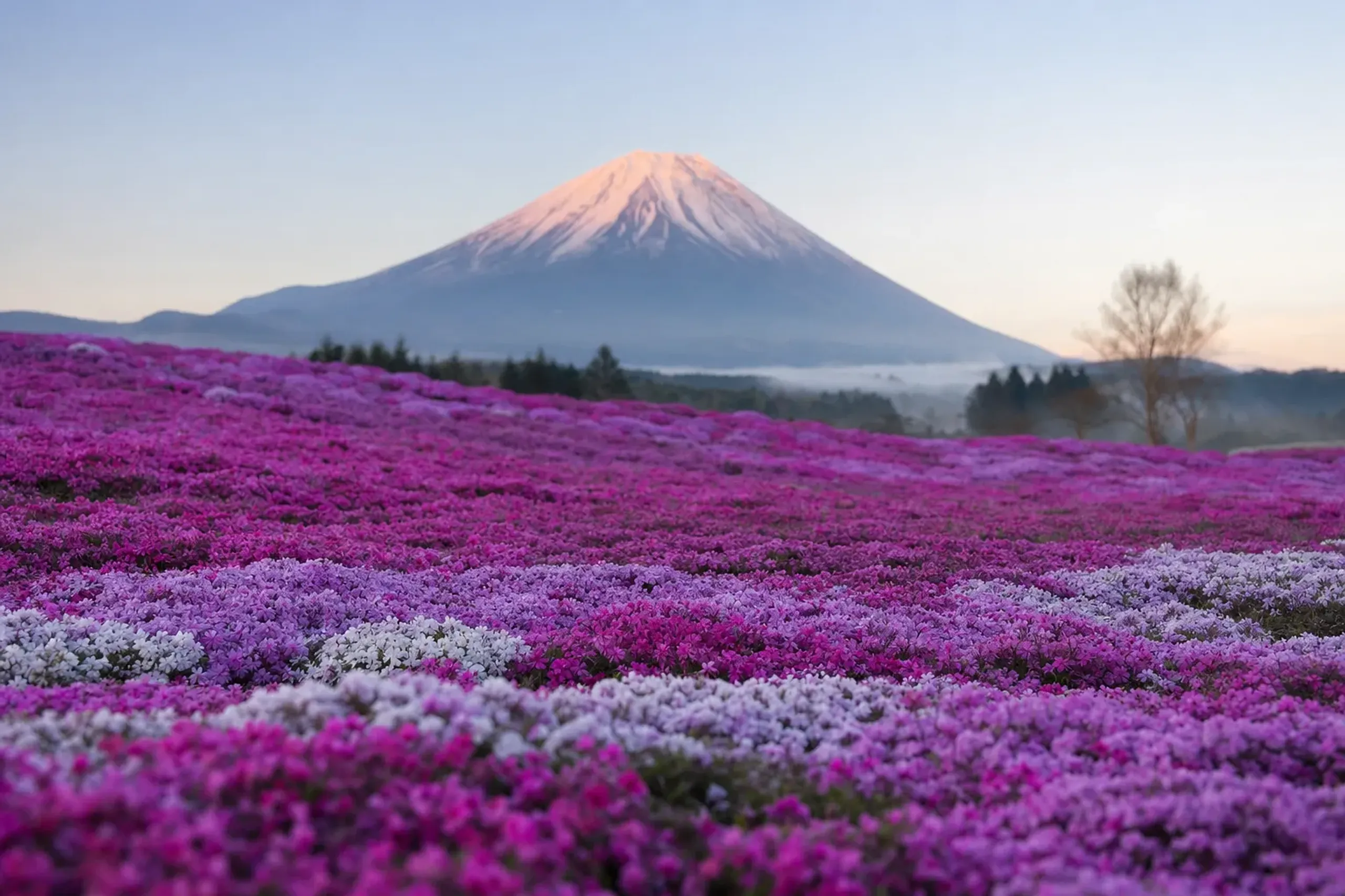 The full moss phlox slope of half a million plants running in pink and white toward Mount Fuji, the mountain rising behind and catching first morning light