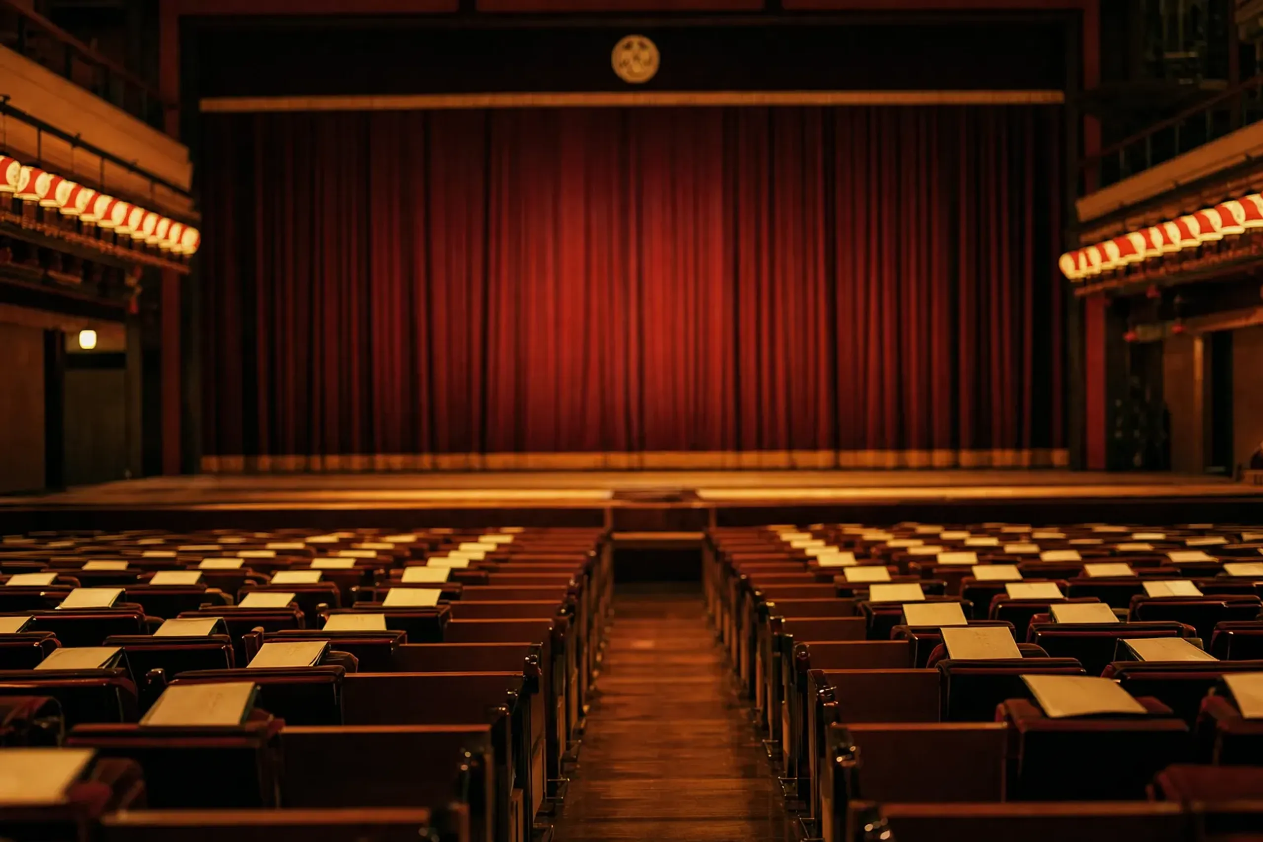 The stage of the Miyagawa-chō Kaburenjō theatre set for the Kyō Odori, rows of reserved seats facing a curtained stage