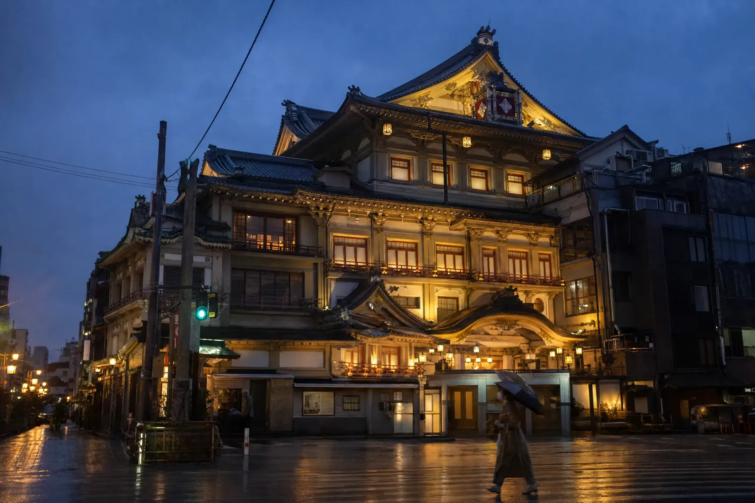 The exterior of the Minamiza kabuki theatre at the northern entrance of Miyagawa-chō, one of Japan's oldest kabuki venues