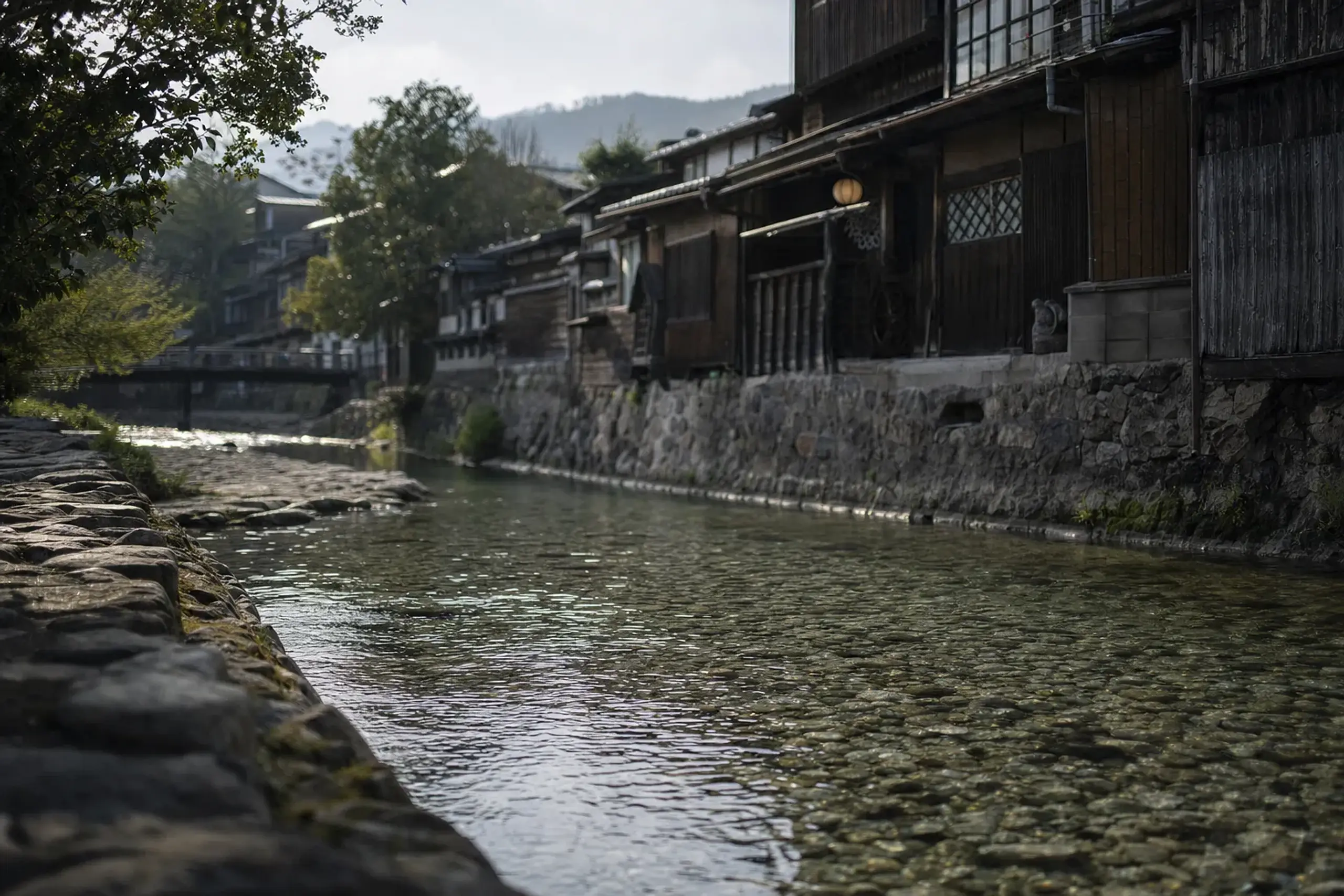 The clear Yoshida River flowing through Gujō Hachiman alongside the old merchant townhouses