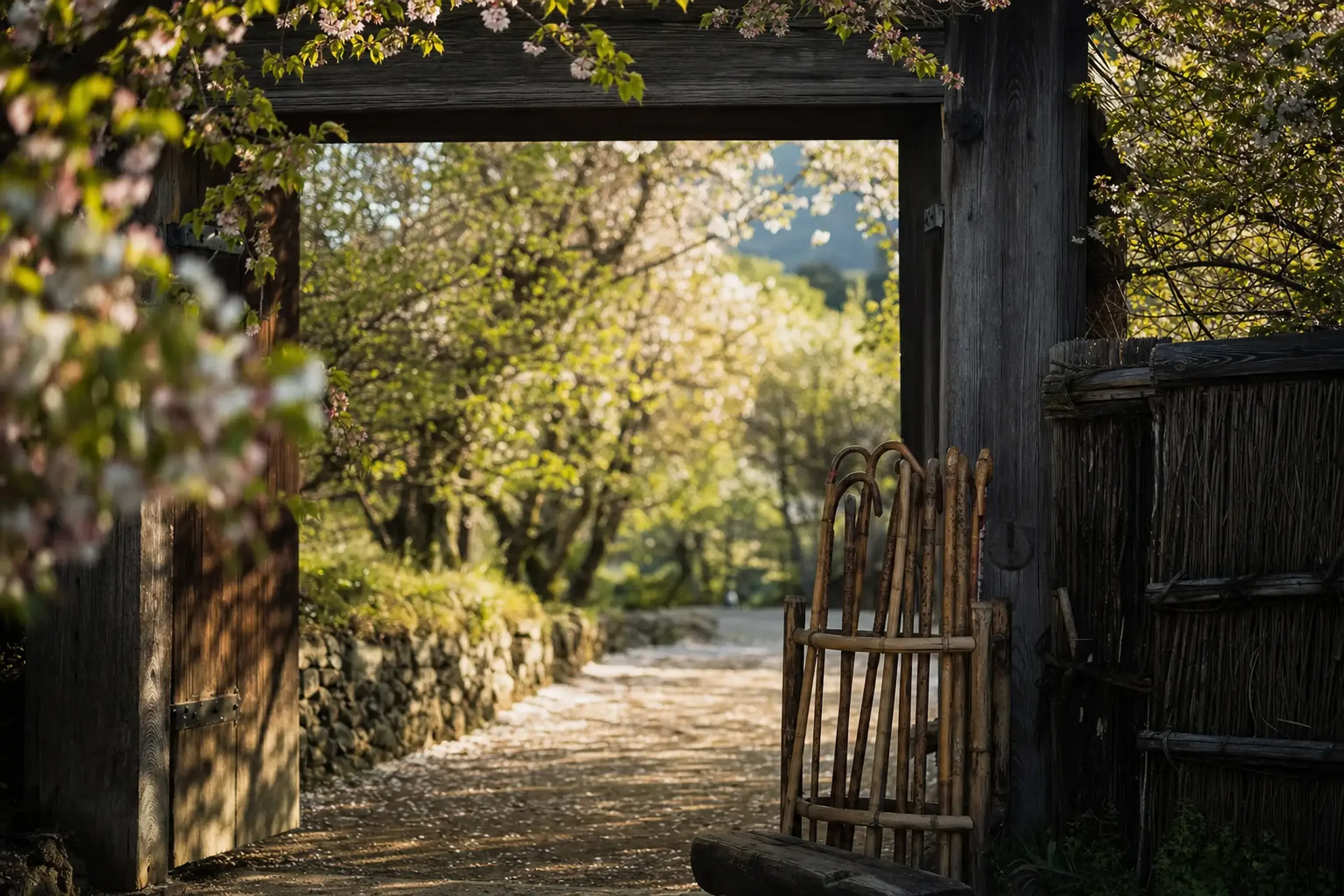 The single narrow entrance gate to Hanamiyama with lent wooden walking sticks propped in a stand, flowering branches overhead