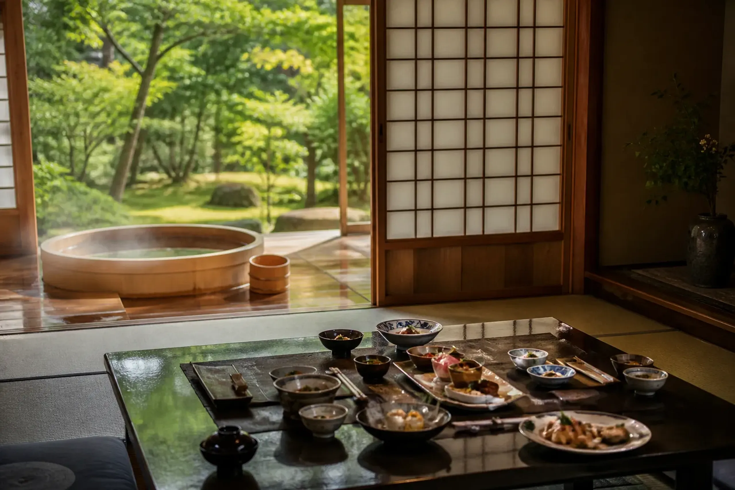 Luxury ryokan room with a private cypress bath and in-room kaiseki dining set by a garden view