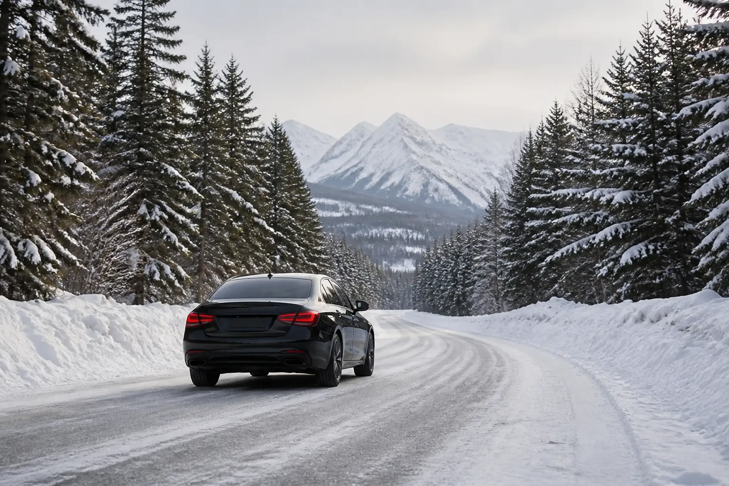 Luxury black vehicle on a snowy road in Hokkaido