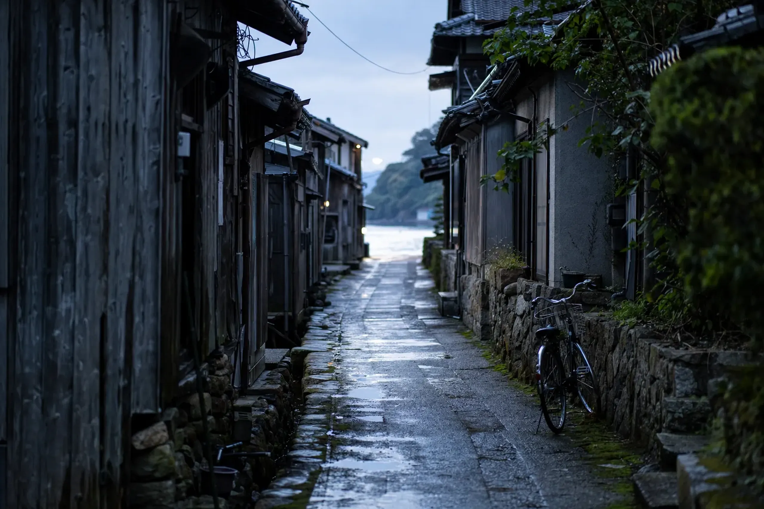 A narrow lane in the Ine preservation district running between funaya boathouses and the separate main family residences set behind them