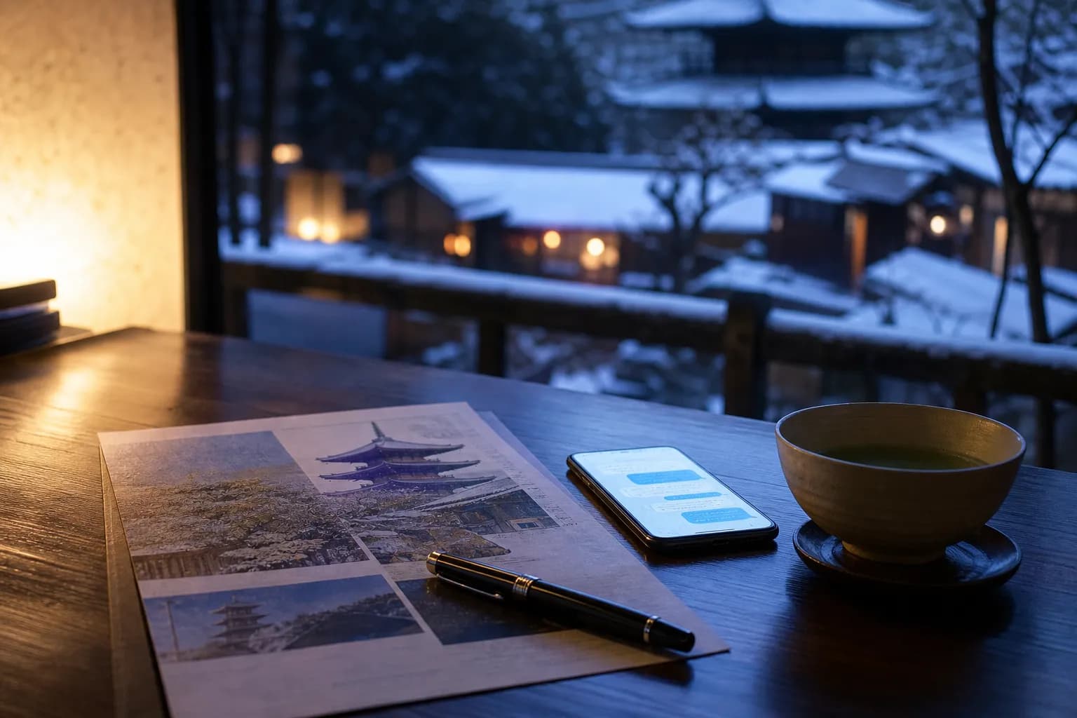 A calm desk with a Kyoto itinerary and phone representing pre-trip dietary consultation by concierge