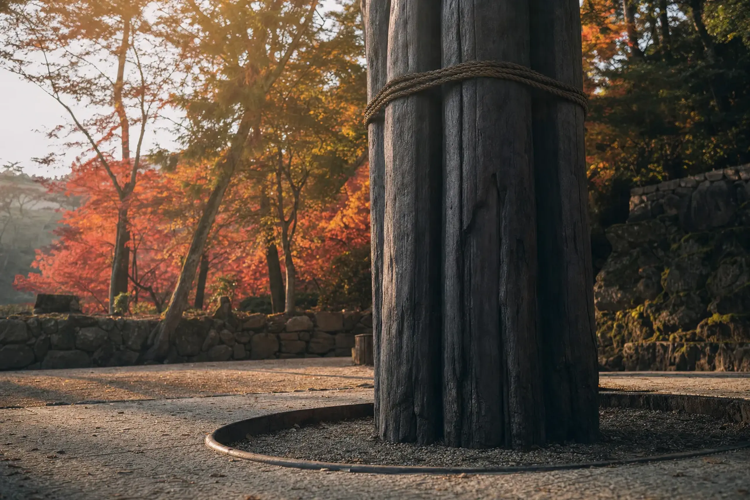 The excavated remains of massive bundled tree-trunk pillars unearthed on the Izumo Taisha grounds in 2000