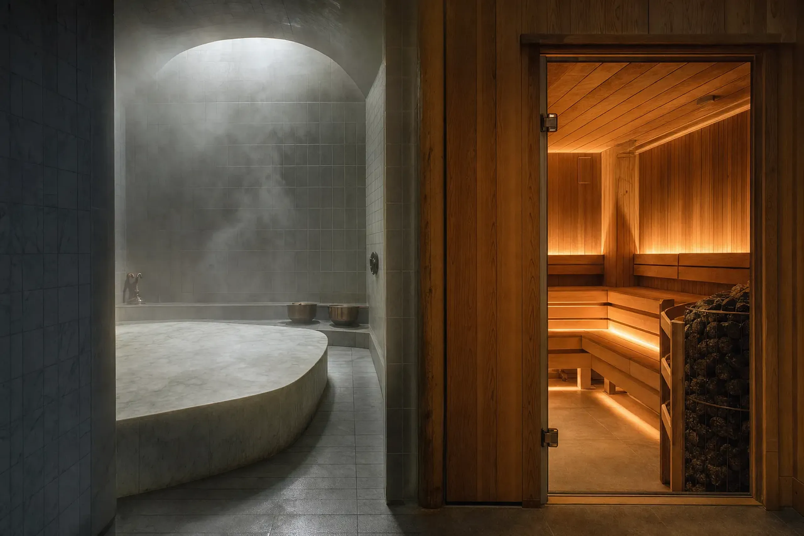 The interior of a private spa house at Janu Tokyo showing the tiled hammam chamber beside the wooden banya sauna