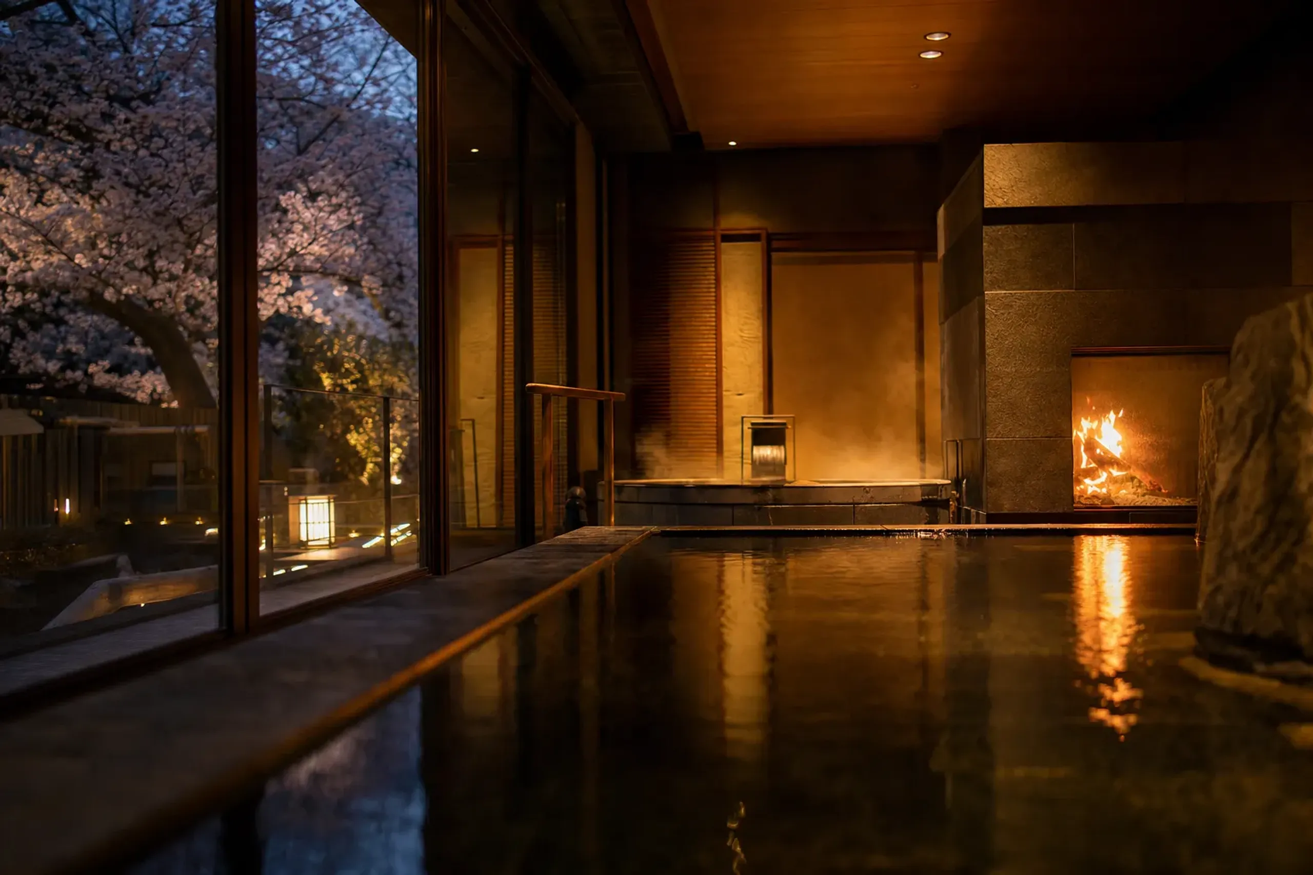 The lounge pool at Janu Tokyo glowing beside its open fireplace and adjacent jacuzzi