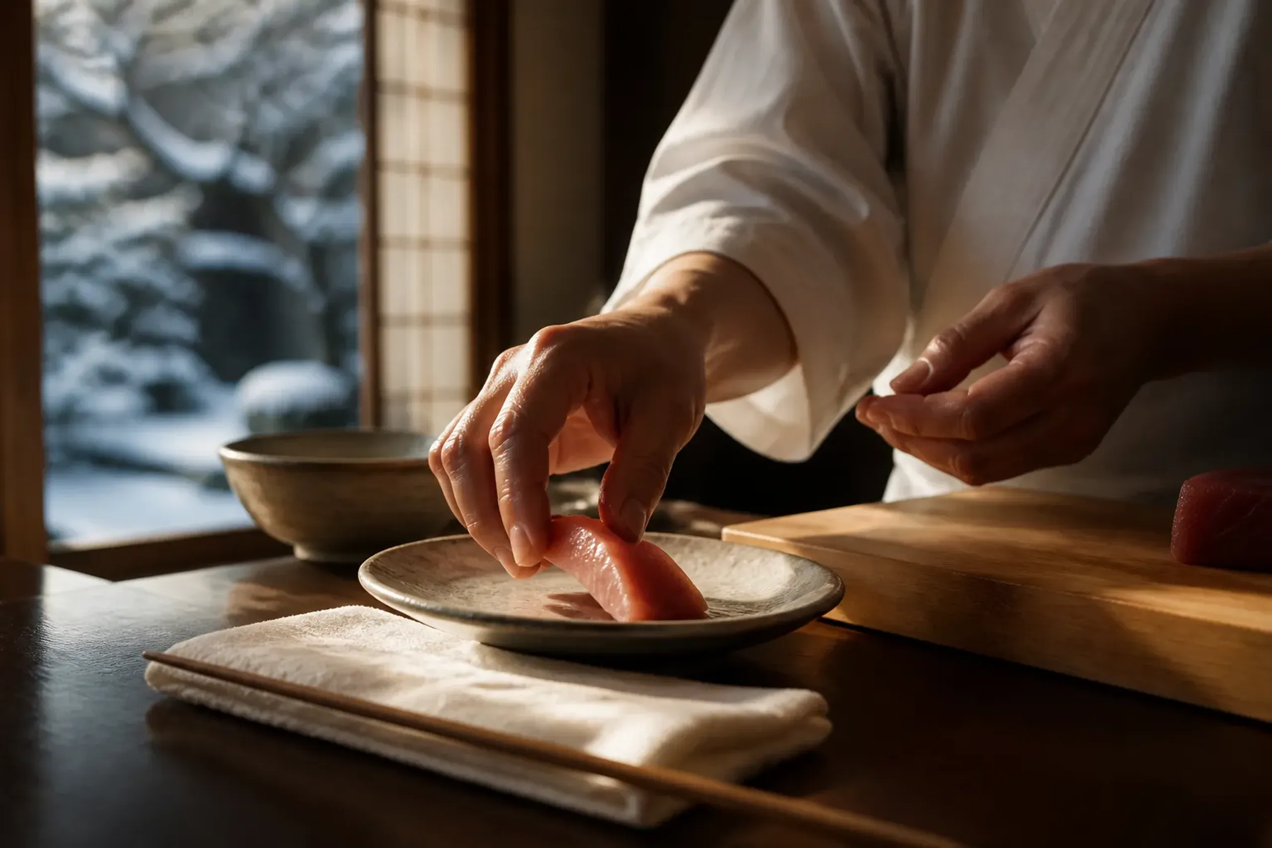 Chef hands preparing a dish at a Japanese counter with a small workspace and ceramic plate