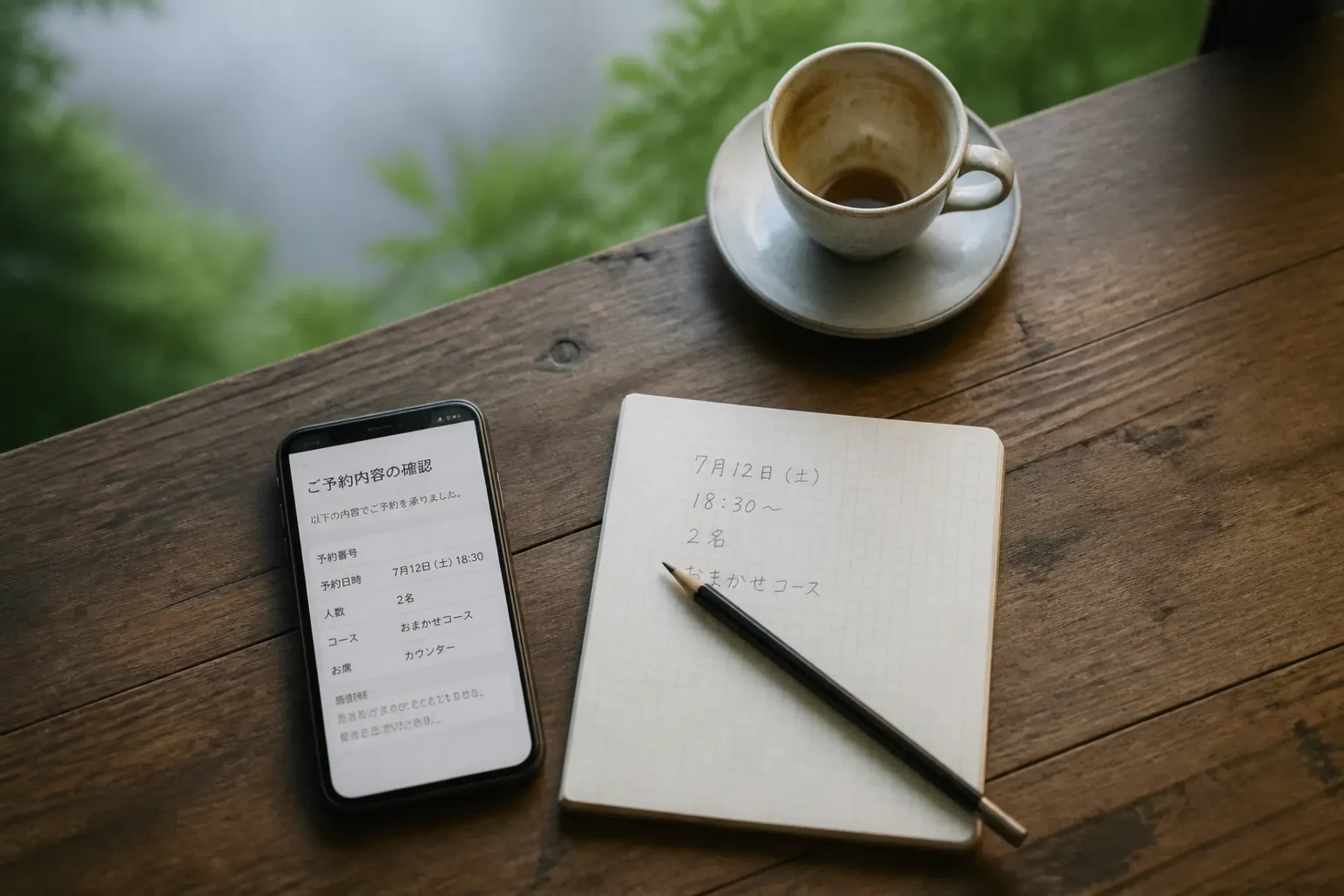 Smartphone with Japanese reservation text beside a notebook listing date, time, and party size