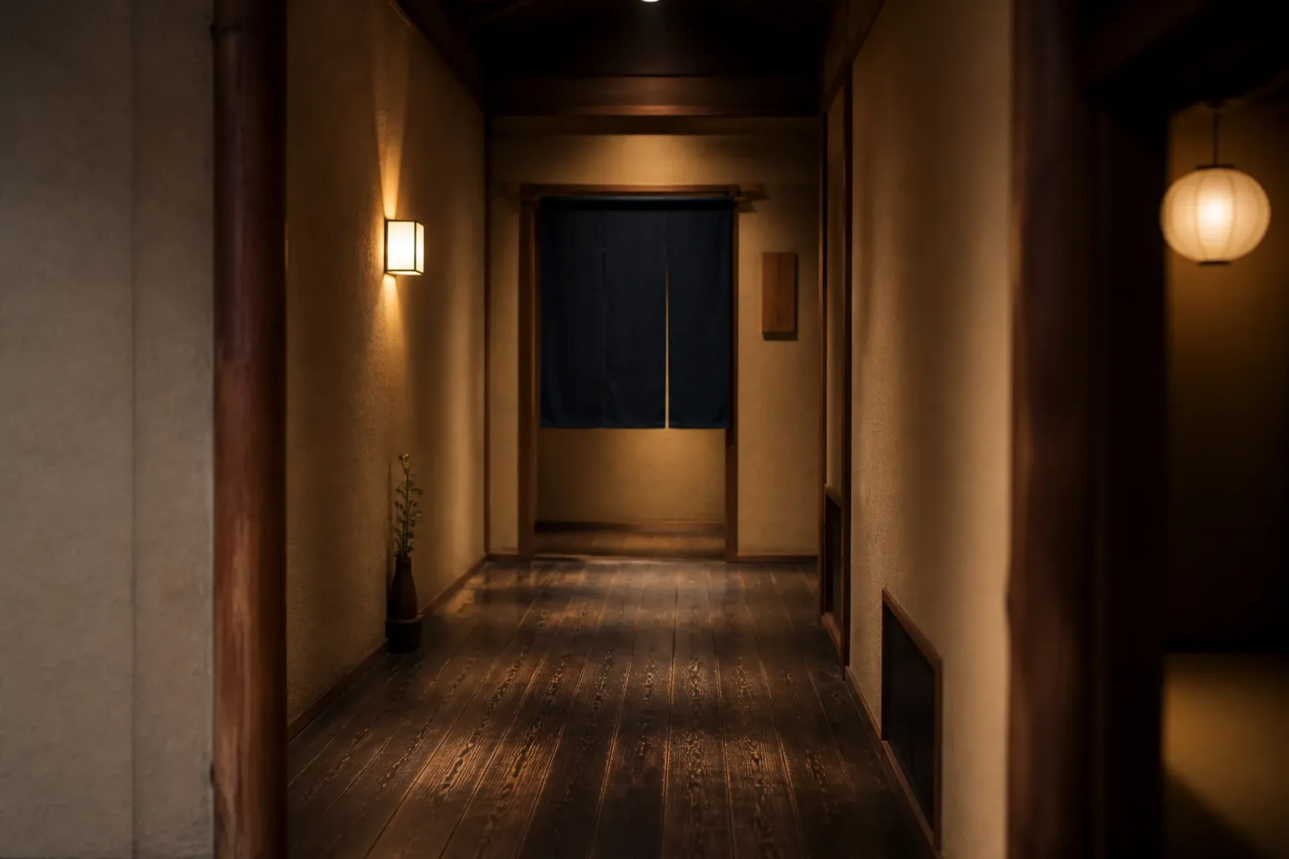 Discreet entrance to a private dining room in Japan with a noren curtain and small wooden sign