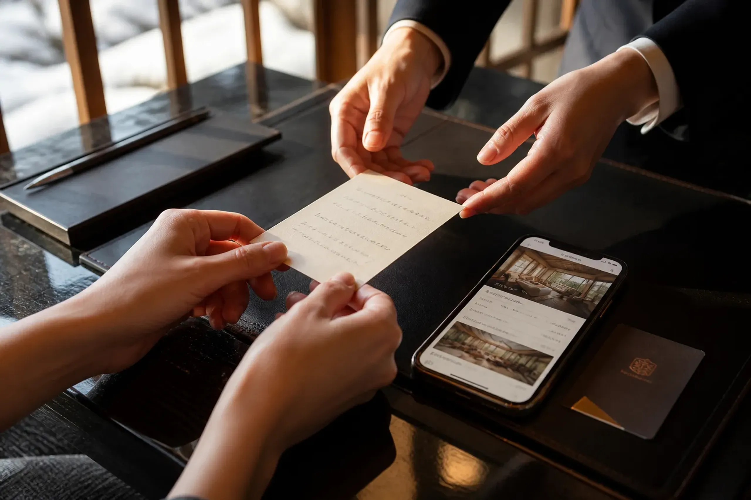 Close-up of a traveler’s hands at a hotel desk in Kyoto showing a neatly written reservation request (dates, party size, time flexibility) to a concierge, with a discreet TableCheck booking page open