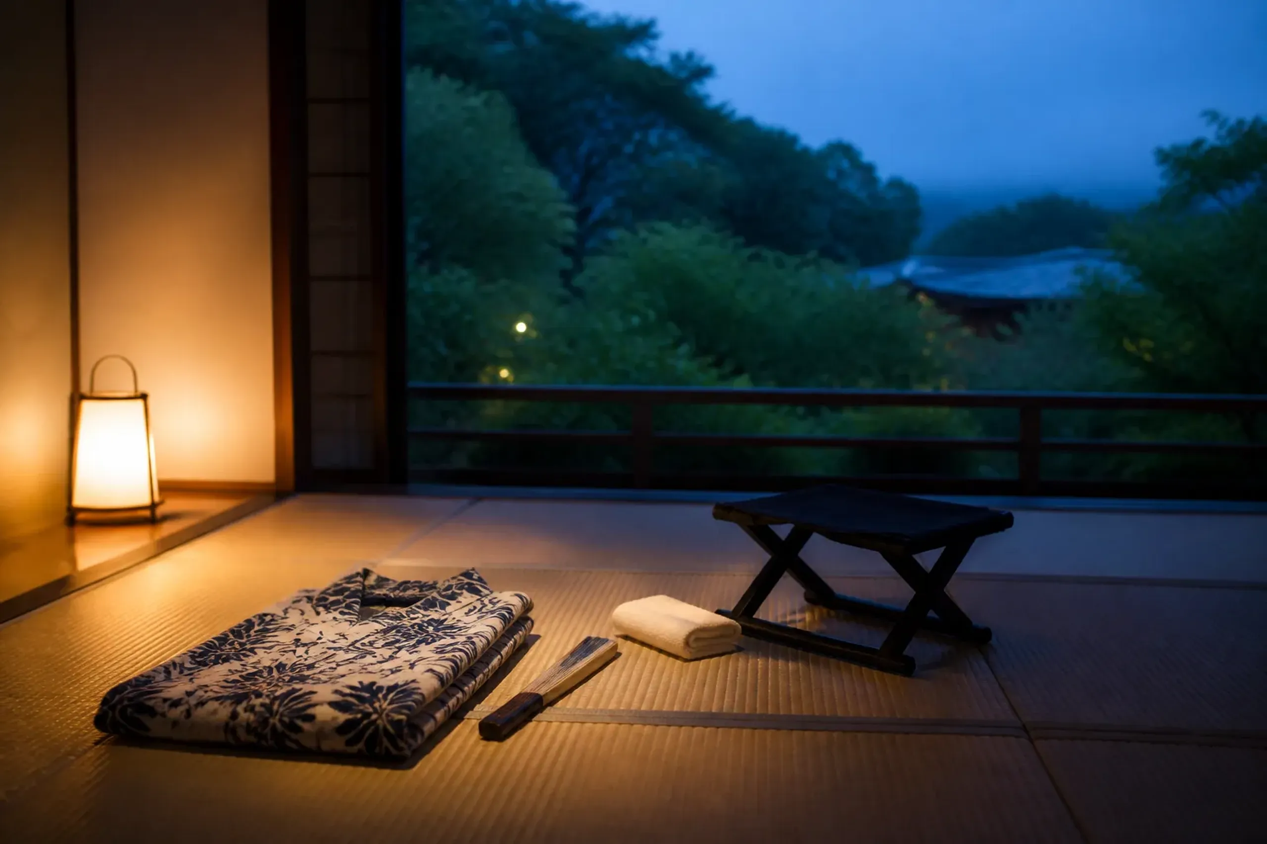 a lightweight cotton yukata folded neatly beside a paper hand fan, a hand towel, and a small folding stool arranged on a tatami mat under warm lantern light