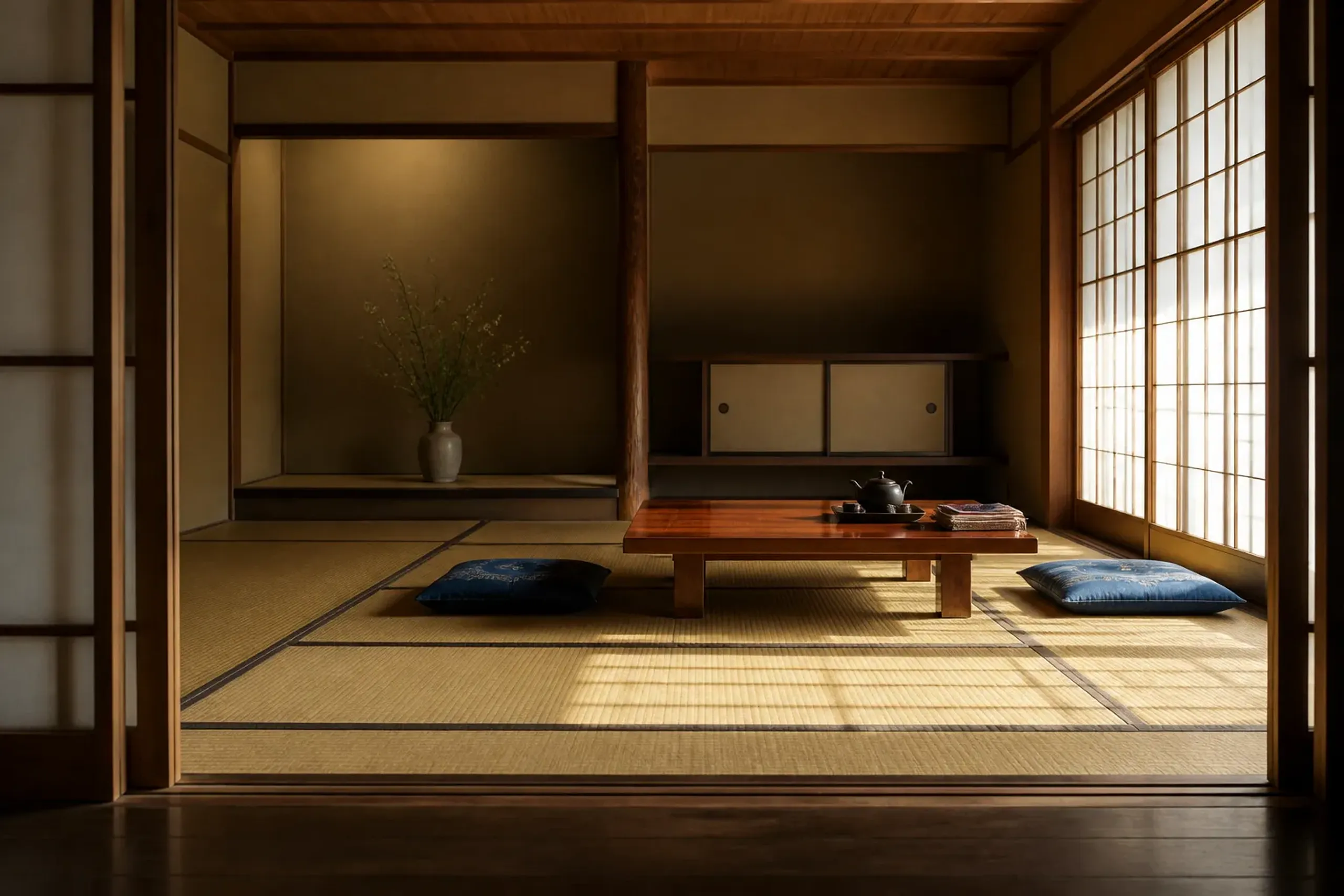 A quiet tatami room in a traditional Japanese ryokan
