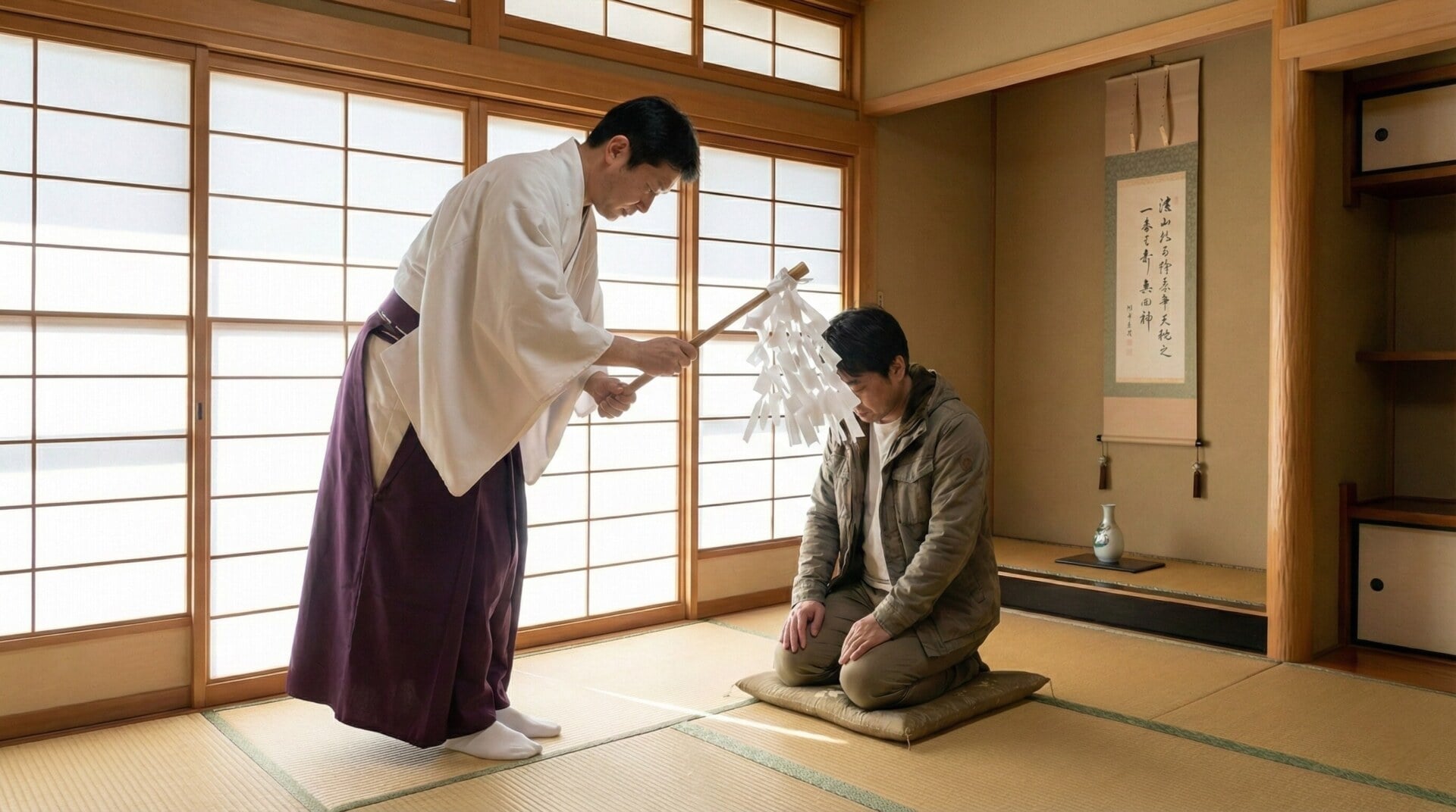 Traveler receiving a private Shinto blessing from a priest