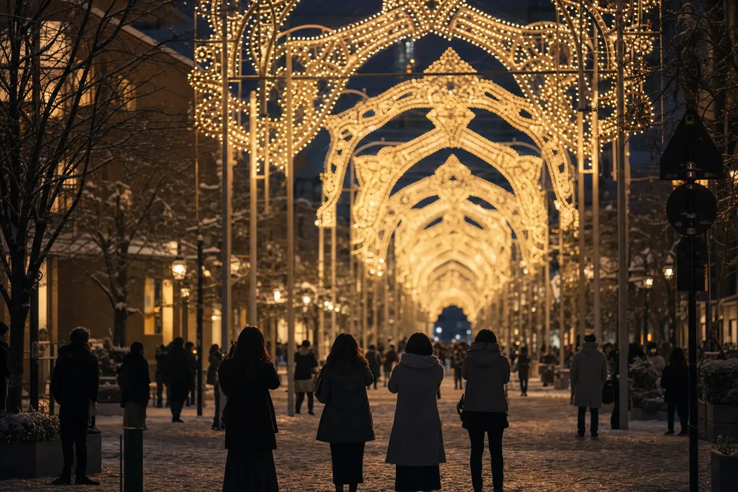 Italian-style illuminated arches and cathedral-like light structures of the Kobe Luminarie glowing over a quiet subdued crowd