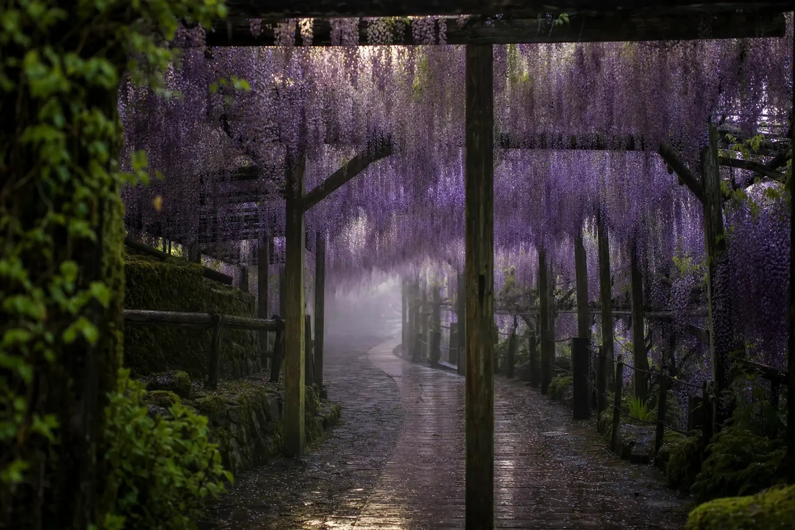a long sightline through the Kawachi Fujien wisteria tunnel in Fukuoka Prefecture, hanging blossoms receding into the distance