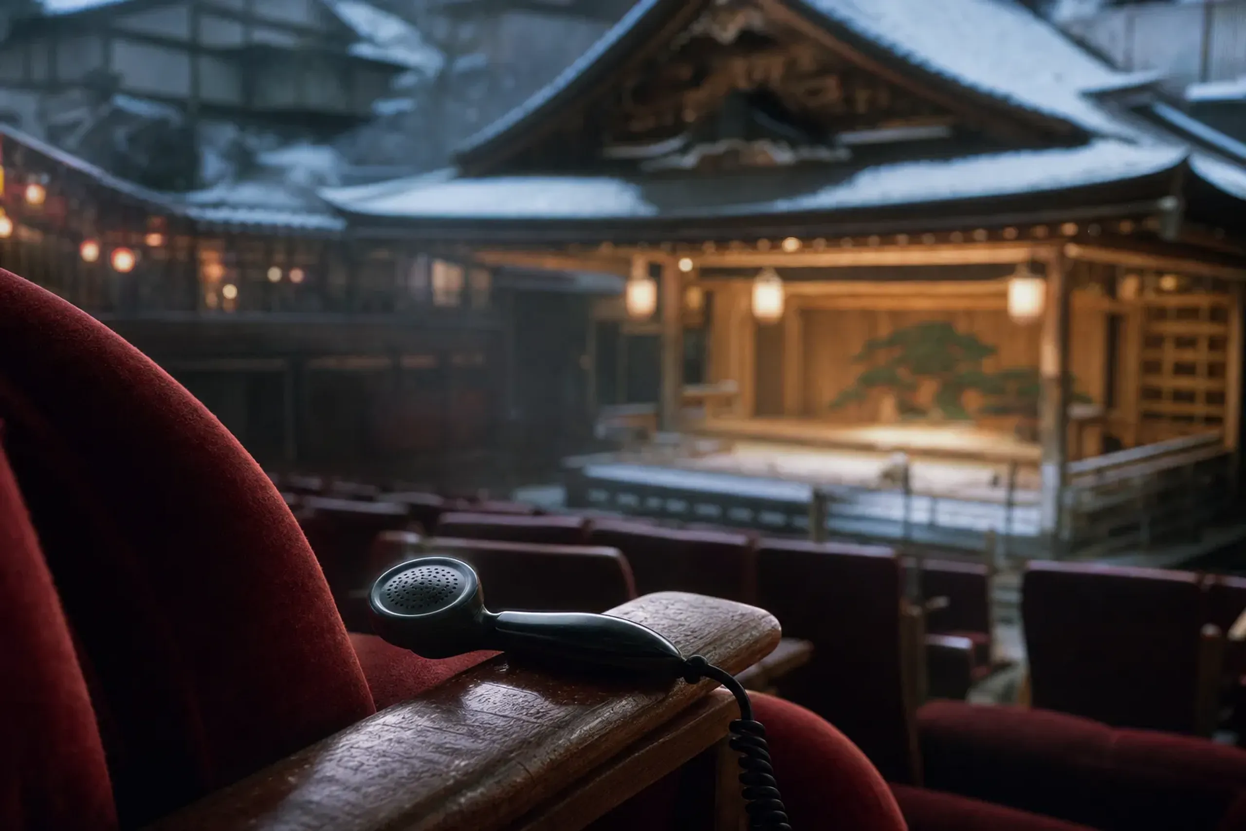 A small English earphone guide handset resting on a Kabukiza seat armrest inside the auditorium