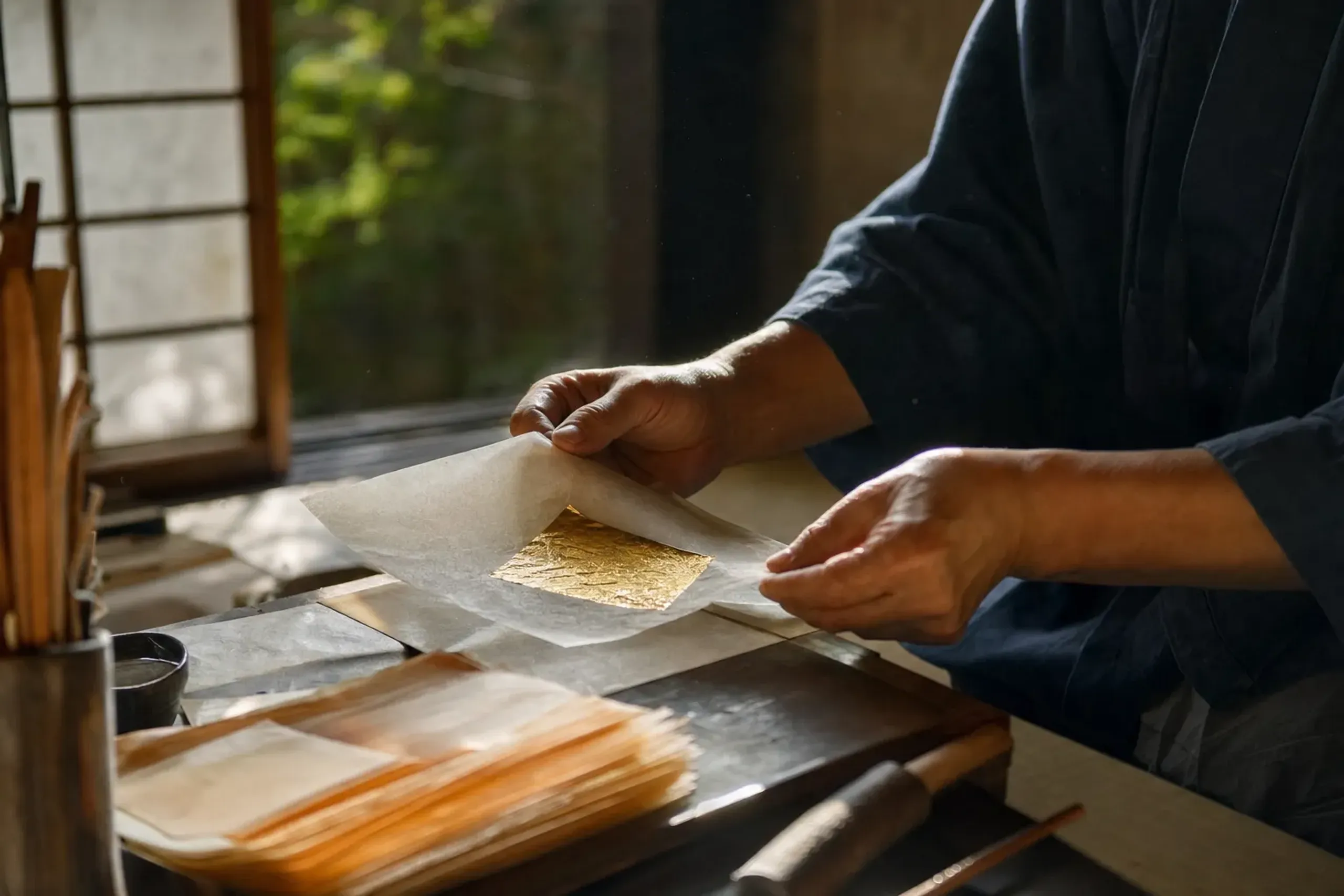 a heritage Kanazawa gold leaf atelier's tatami workroom with artisan tools and gold leaf pressing between washi paper sheets