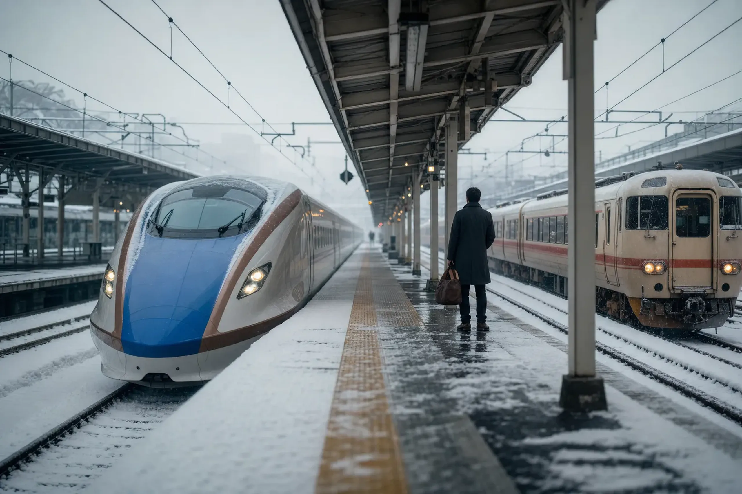 A Hokuriku Shinkansen train arriving at Toyama Station beside the platform for the Limited Express Hida bound for Takayama
