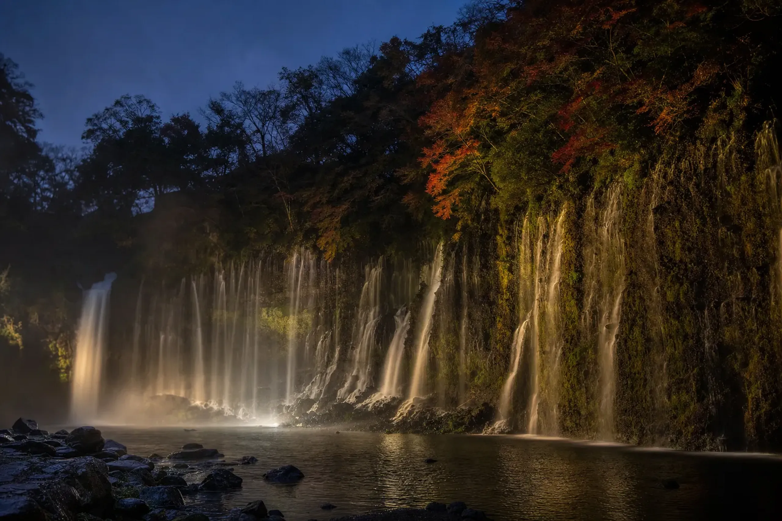 Shiraito Falls is often paired with an evening illumination