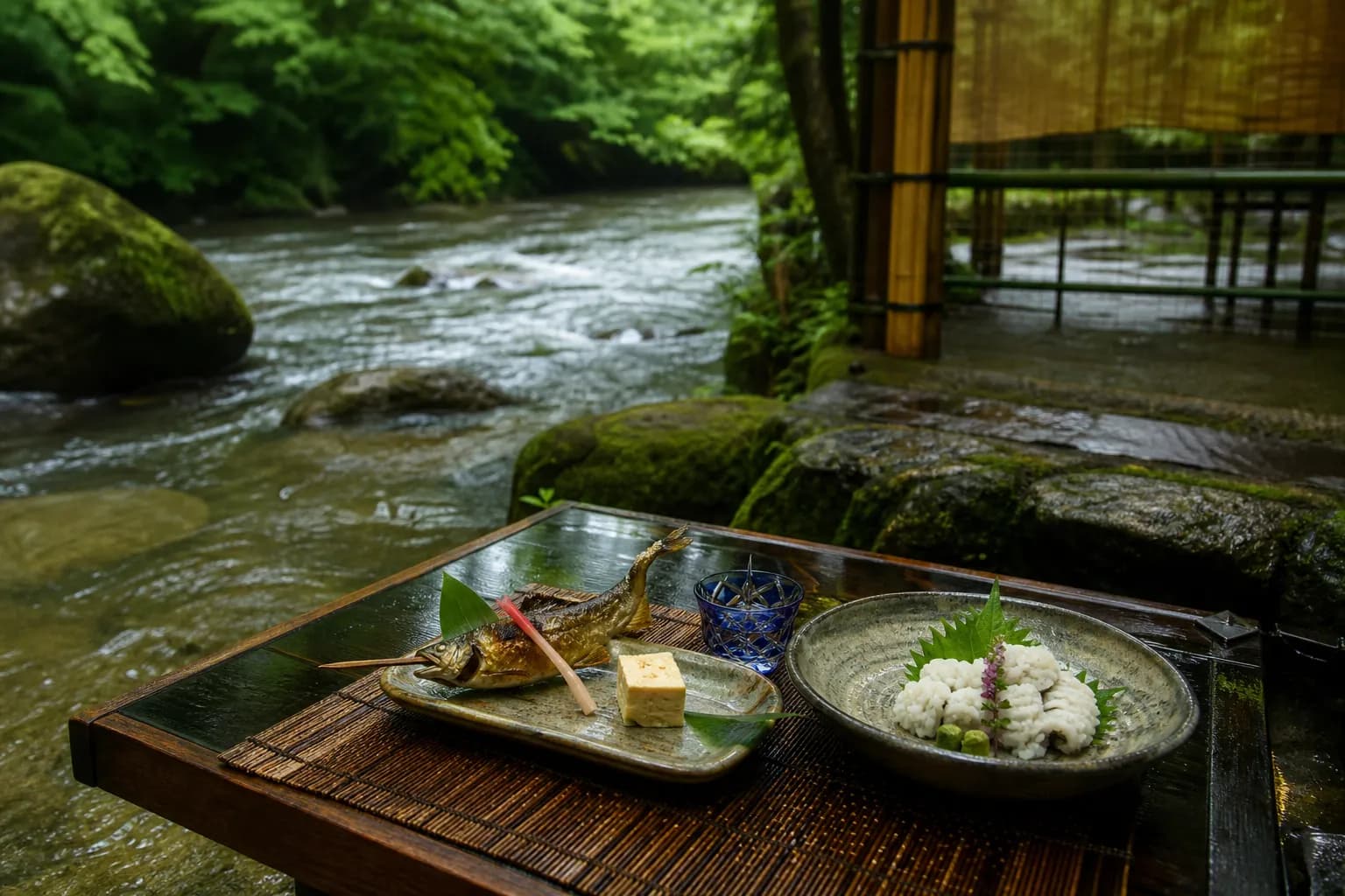 Seasonal Kyoto kaiseki dish with grilled ayu and hamo served on a Kibune river platform