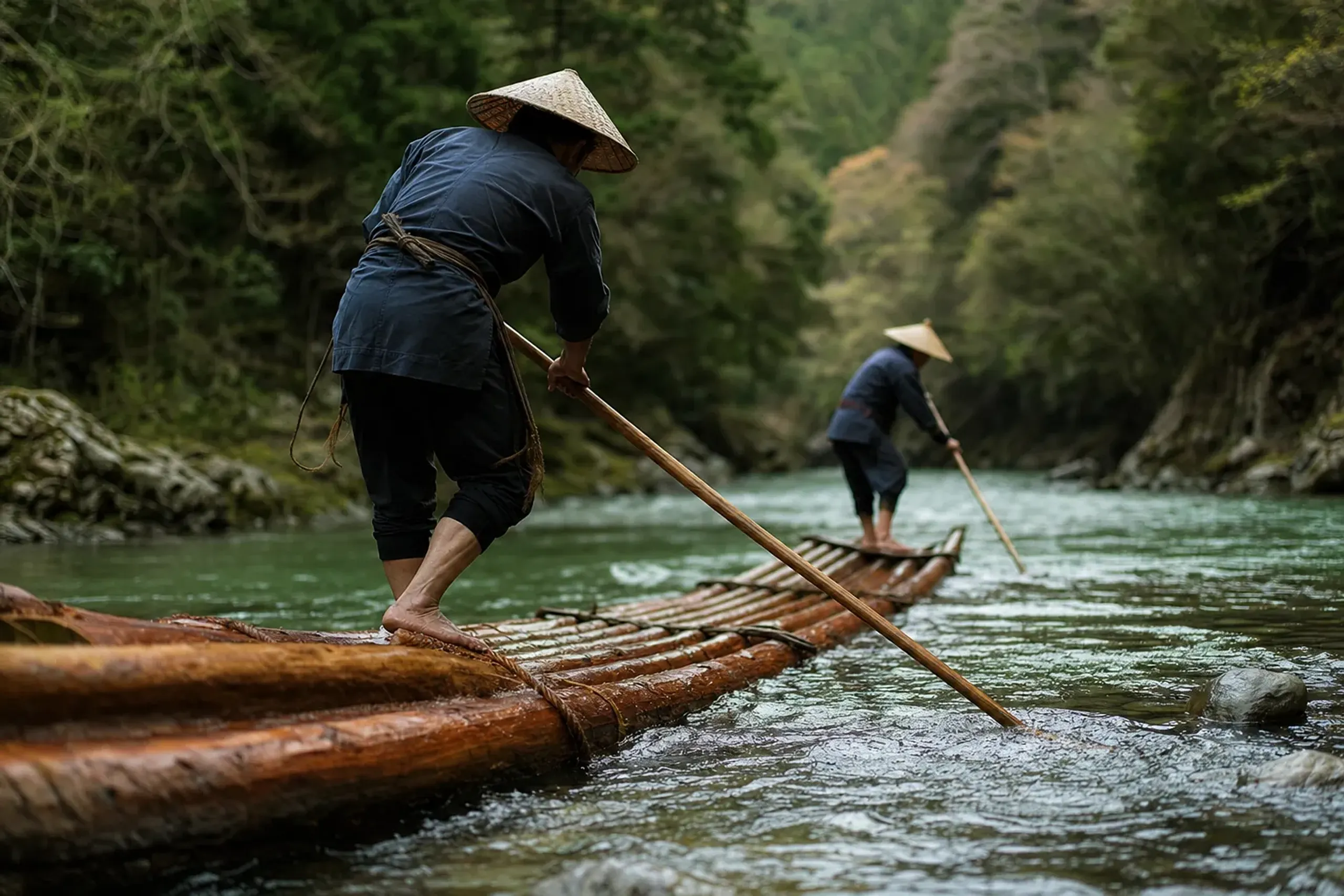 Traditional cedar-log raft (ikada-kudari) on the Kitayama River in Kitayama Village, Wakayama, steered by raftsmen with wooden paddles
