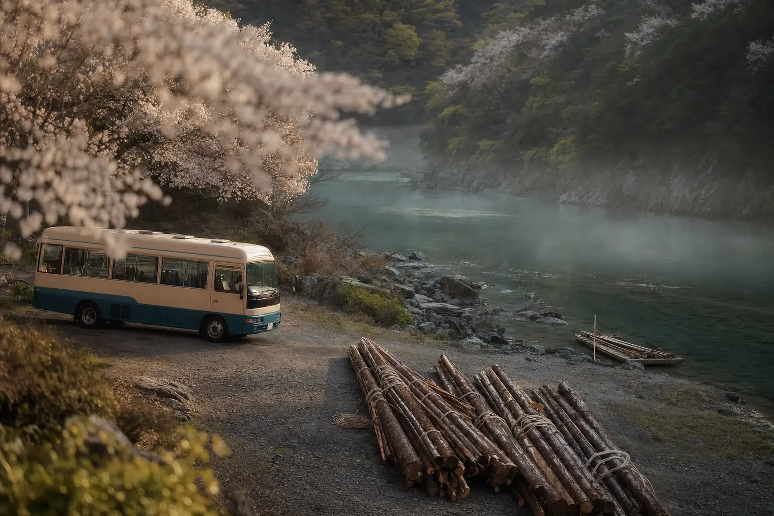The dedicated Kitayama Village bus parked at the Otonori launch point beside cedar logs staged at the river's edge