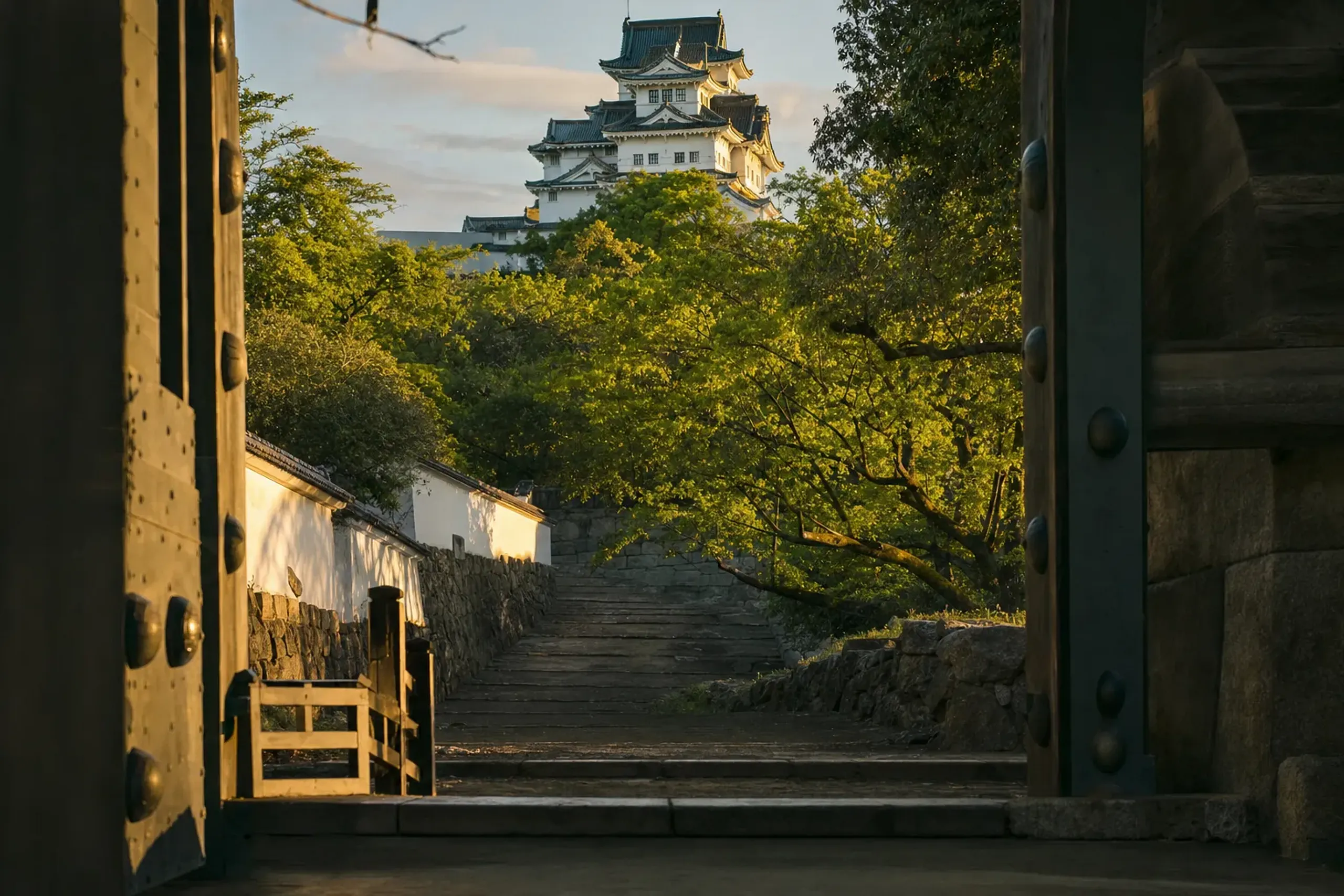 View through Ōtemon main gate toward Kōchi Castle keep with spring cherry blossoms