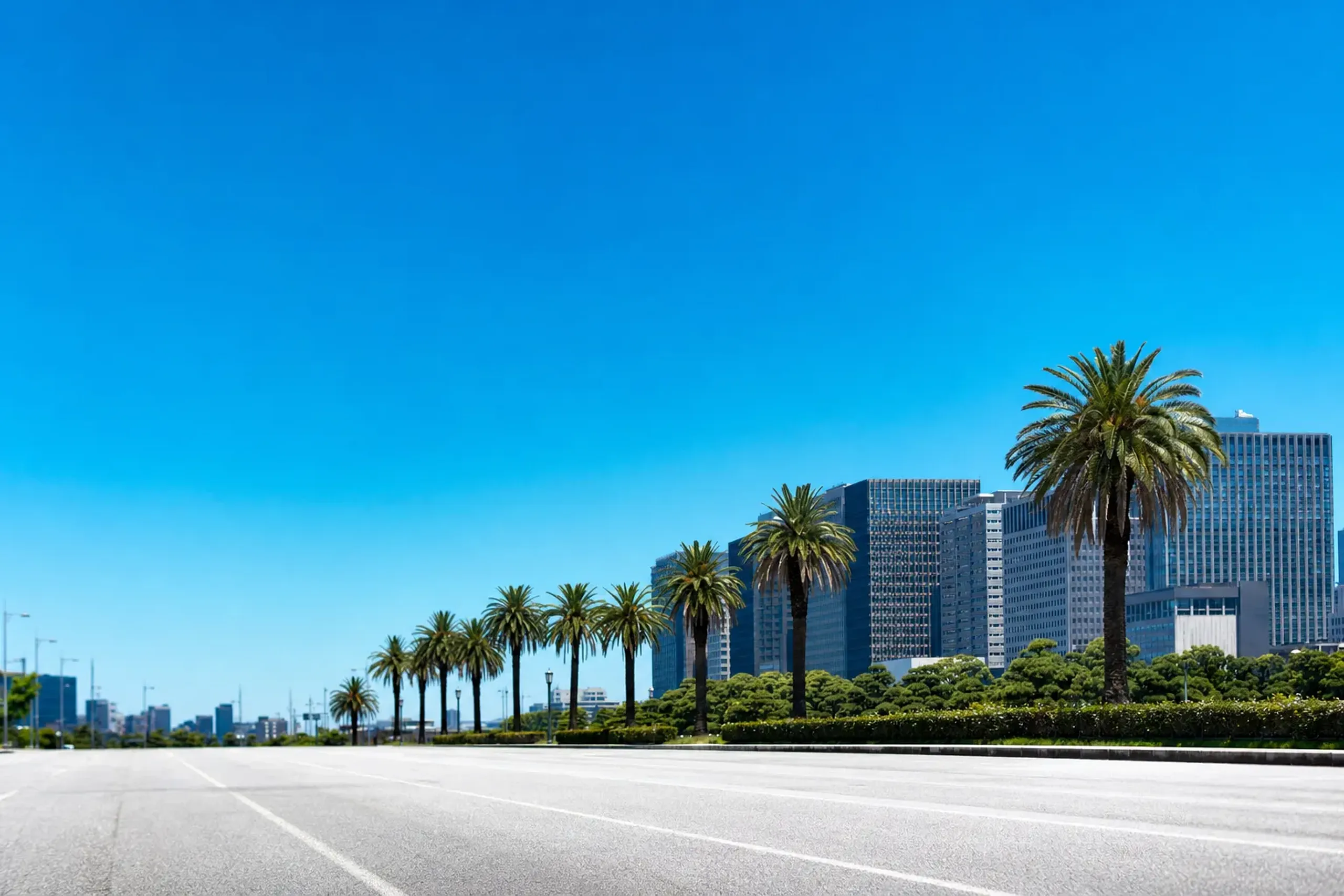 Clear blue August sky arcing over the wide Otesuji avenue in Kōchi City